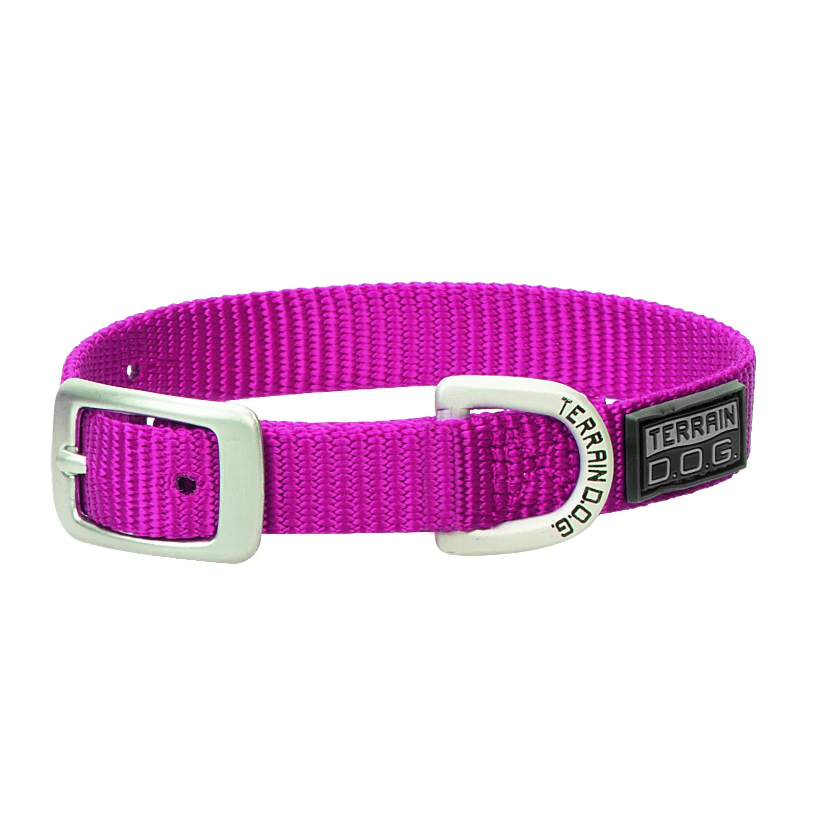 Vibrant fuchsia pink Weaver Leather Terrain D.O.G. nylon dog collar featuring durable, heavy-duty webbing and high-quality matte silver metal hardware. Includes a secure roller buckle, an engraved D-ring for leashes, and a stylish black rubber logo patch. This adjustable, high-visibility dog collar is perfect for active pets and outdoor adventures, offering a mix of rugged durability and bold style for your pup.