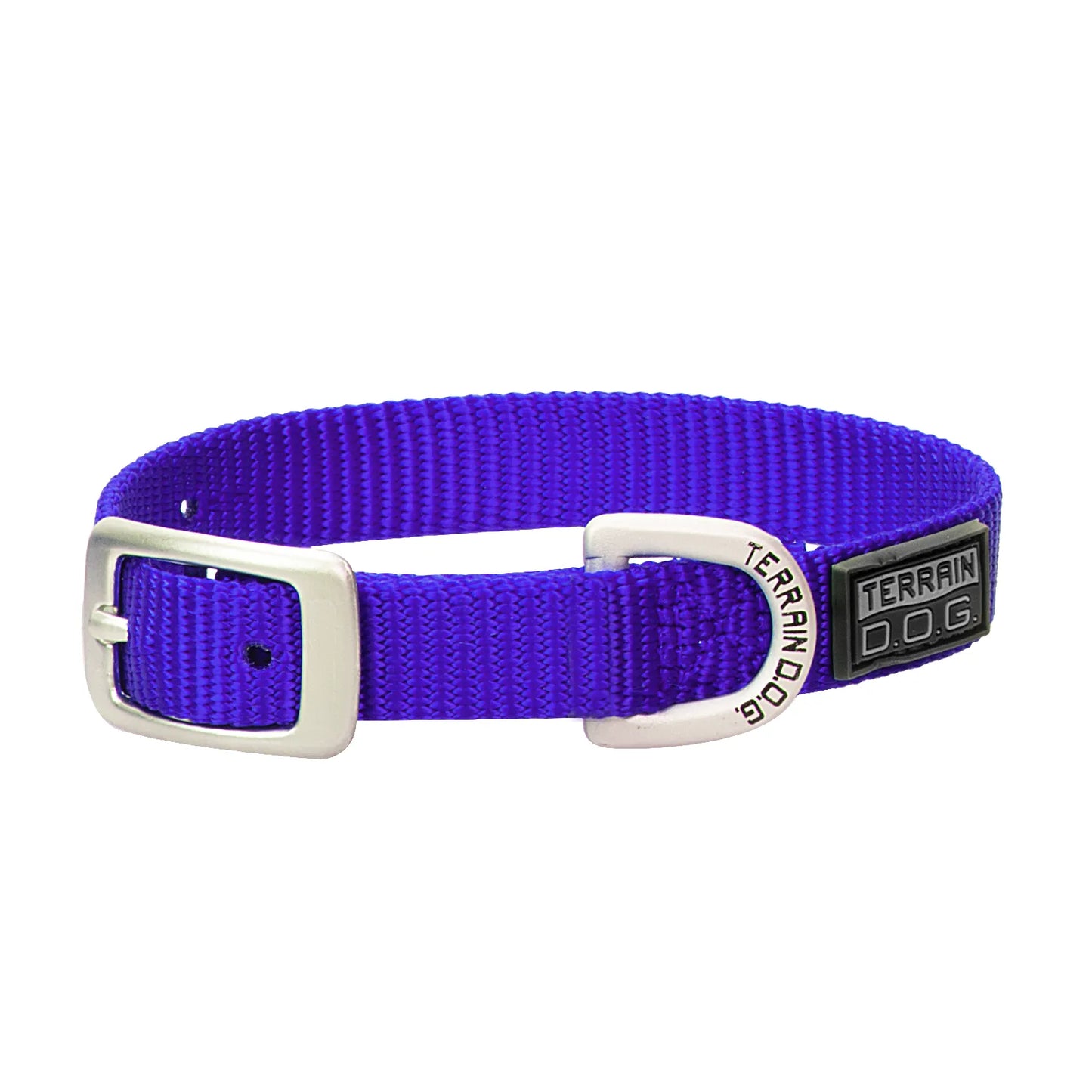 Purple Weaver Leather Terrain D.O.G. nylon dog collar featuring a durable silver-tone metal buckle and a signature engraved D-ring. Designed for active pups, this heavy-duty adjustable collar includes a stylish black rubber logo patch. Perfect for outdoor adventures, this high-quality pet accessory ensures long-lasting comfort and reliability for your dog.