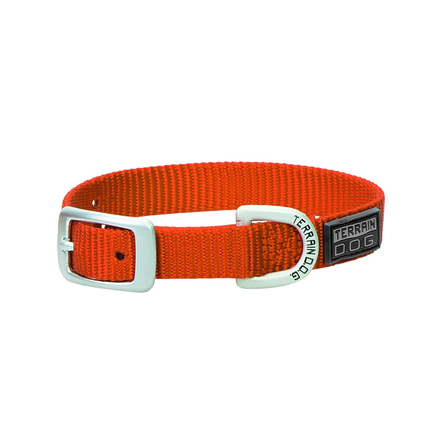 Vibrant orange Weaver Leather Nylon Dog Collar featuring durable heavy-duty webbing and sleek silver-finished hardware. This adjustable collar includes a secure metal buckle, a rugged D-ring engraved with Terrain D.O.G., and a coordinating black rubber brand label. Perfect for active pets, this high-visibility orange collar combines strength and outdoor style for everyday adventures and training.