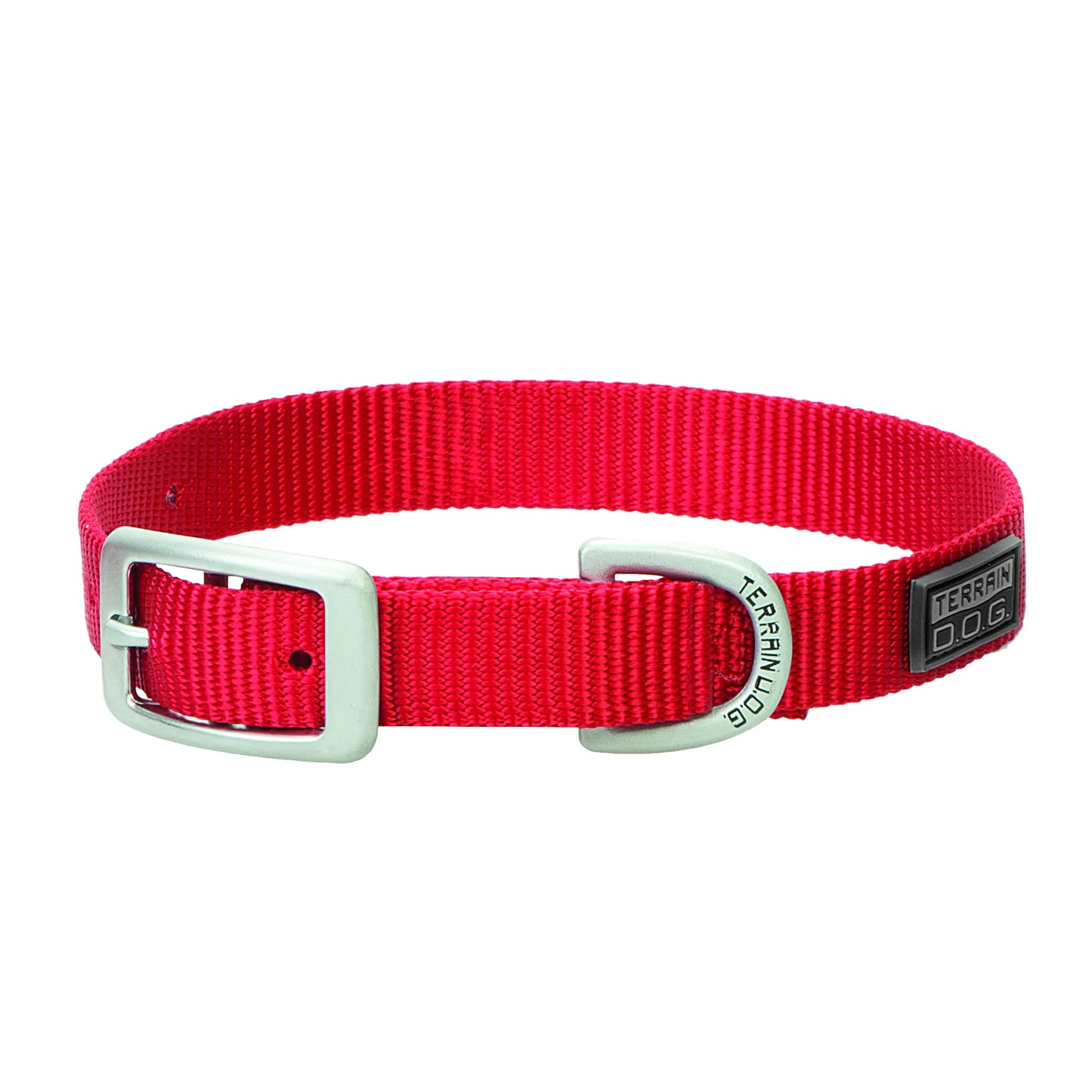 Vibrant red Weaver Leather Terrain D.O.G. nylon dog collar featuring heavy-duty webbing and premium matte silver-tone metal hardware. The durable design includes an adjustable buckle, a branded D-ring for leash attachment, and a sleek black logo patch. This stylish and rugged pet accessory is ideal for active dogs, offering strength and reliability for outdoor adventures and daily walks.