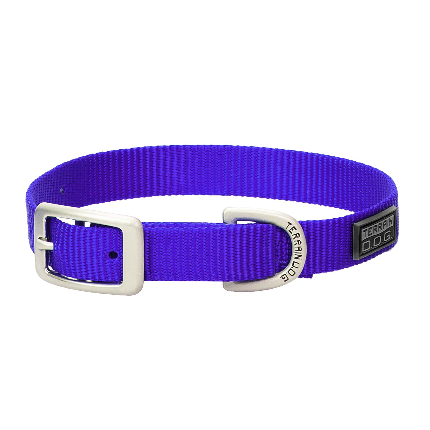 Vibrant purple Weaver Leather nylon dog collar featuring a durable matte silver metal buckle and an engraved Terrain D.O.G. D-ring for leash attachment. This heavy-duty, stylish pet accessory is crafted from high-quality woven webbing with a signature black logo patch. Perfect for active pups, this reliable and adjustable collar offers a rugged yet sleek look for everyday wear and outdoor adventures.