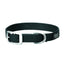 Black Weaver Leather Terrain D.O.G. nylon dog collar featuring durable webbing and heavy-duty matte silver hardware. This adjustable pet collar includes a secure buckle, a branded D-ring for leash attachment, and a sleek rubber logo patch. A classic, stylish choice for active dogs, perfect for everything from city strolls to rugged hiking trails. High-quality canine gear for your pup.