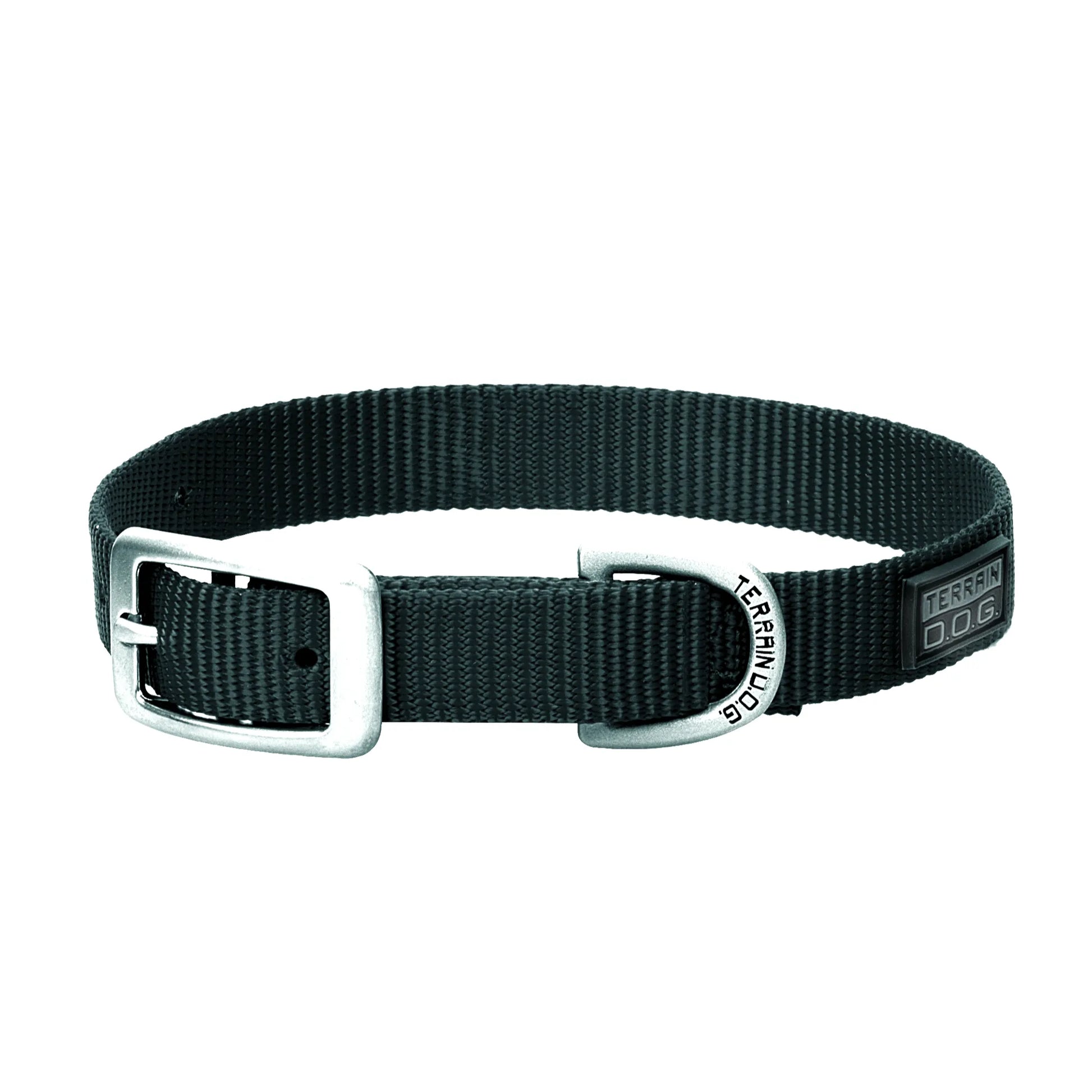 Black Weaver Leather Terrain D.O.G. nylon dog collar featuring durable webbing and heavy-duty matte silver hardware. This adjustable pet collar includes a secure buckle, a branded D-ring for leash attachment, and a sleek rubber logo patch. A classic, stylish choice for active dogs, perfect for everything from city strolls to rugged hiking trails. High-quality canine gear for your pup.