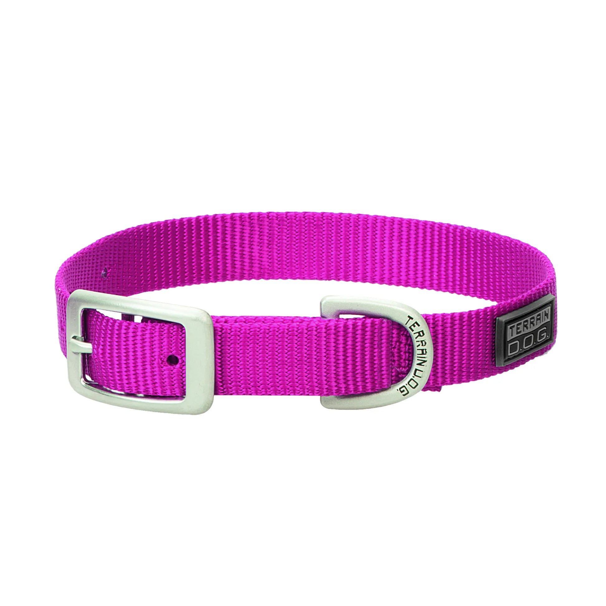 Vibrant magenta Terrain D.O.G. nylon dog collar featuring premium silver-finished metal hardware. This durable Weaver Leather pet collar includes a classic buckle closure and a branded D-ring for secure leash attachment. An adjustable and stylish dog accessory perfect for active pups, outdoor adventures, and everyday walks.