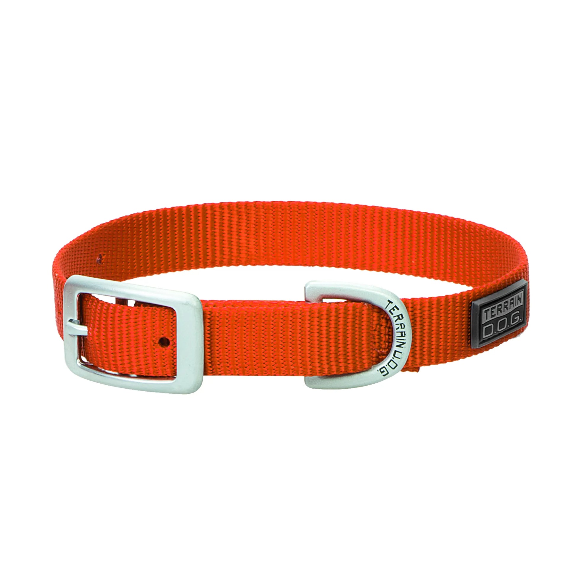 Vibrant orange Weaver Leather Nylon Dog Collar featuring durable nylon webbing and stylish matte silver hardware. This Terrain D.O.G. collar includes an adjustable buckle, an engraved D-ring for secure leash attachment, and a high-visibility design perfect for outdoor adventures. Rugged yet sleek, it’s the ideal choice for pet owners seeking a reliable, heavy-duty collar for hiking, training, and everyday wear.