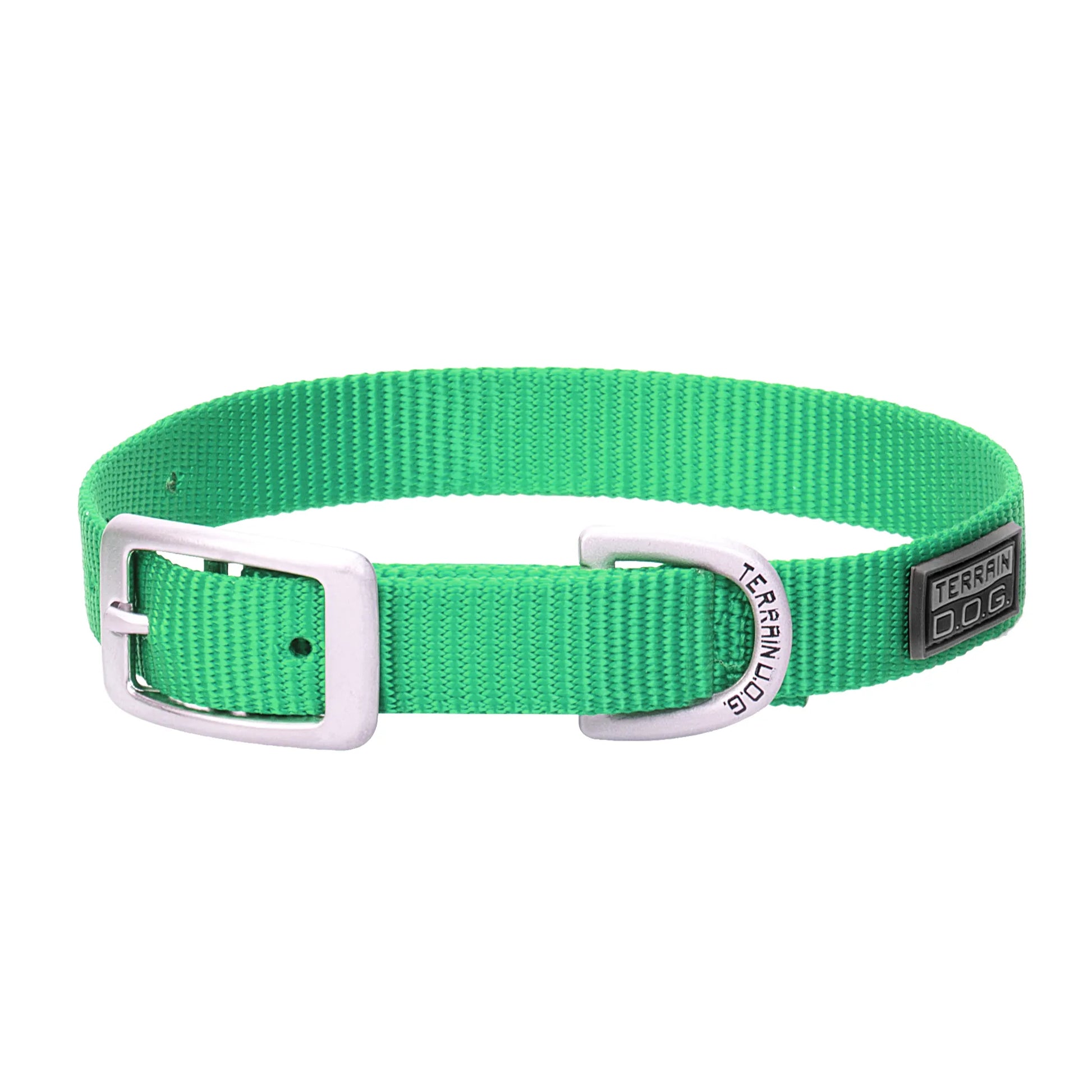 Vibrant green Weaver Leather nylon dog collar featuring durable woven material, a sturdy silver-tone buckle, and an engraved Terrain D.O.G. D-ring for leash attachment. This high-quality, adjustable collar combines style and strength, making it the perfect outdoor accessory for your active pup's daily walks and adventures.