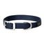 Navy blue Weaver Leather Terrain D.O.G. nylon dog collar featuring a durable, heavy-duty webbing design. This stylish pup accessory includes a brushed silver buckle for a secure fit and a matching D-ring with "TERRAIN D.O.G." engraving for easy leash attachment. A black rubber brand label adds a rugged touch. Perfect for active pets, this high-quality adjustable collar combines strength with a classic navy aesthetic for everyday adventures.