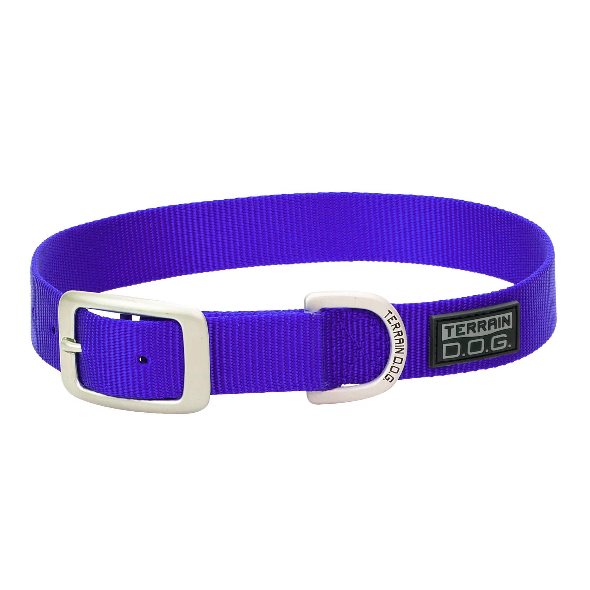 Vibrant royal blue Terrain D.O.G. nylon dog collar by Weaver Leather. This durable pet accessory features heavy-duty nylon webbing, a sturdy silver-tone metal buckle, and a secure D-ring for leash attachment. Perfect for active dogs, this stylish and adjustable collar is built for daily adventures and outdoor reliability.