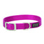 Vibrant hot pink Terrain D.O.G. nylon dog collar by Weaver Leather, featuring a heavy-duty silver-tone metal buckle and D-ring for secure leash attachment. Crafted from durable, high-quality woven magenta nylon with a stylish black rubberized logo patch. This adjustable, stylish pet accessory is perfect for active pups and everyday outdoor adventures.