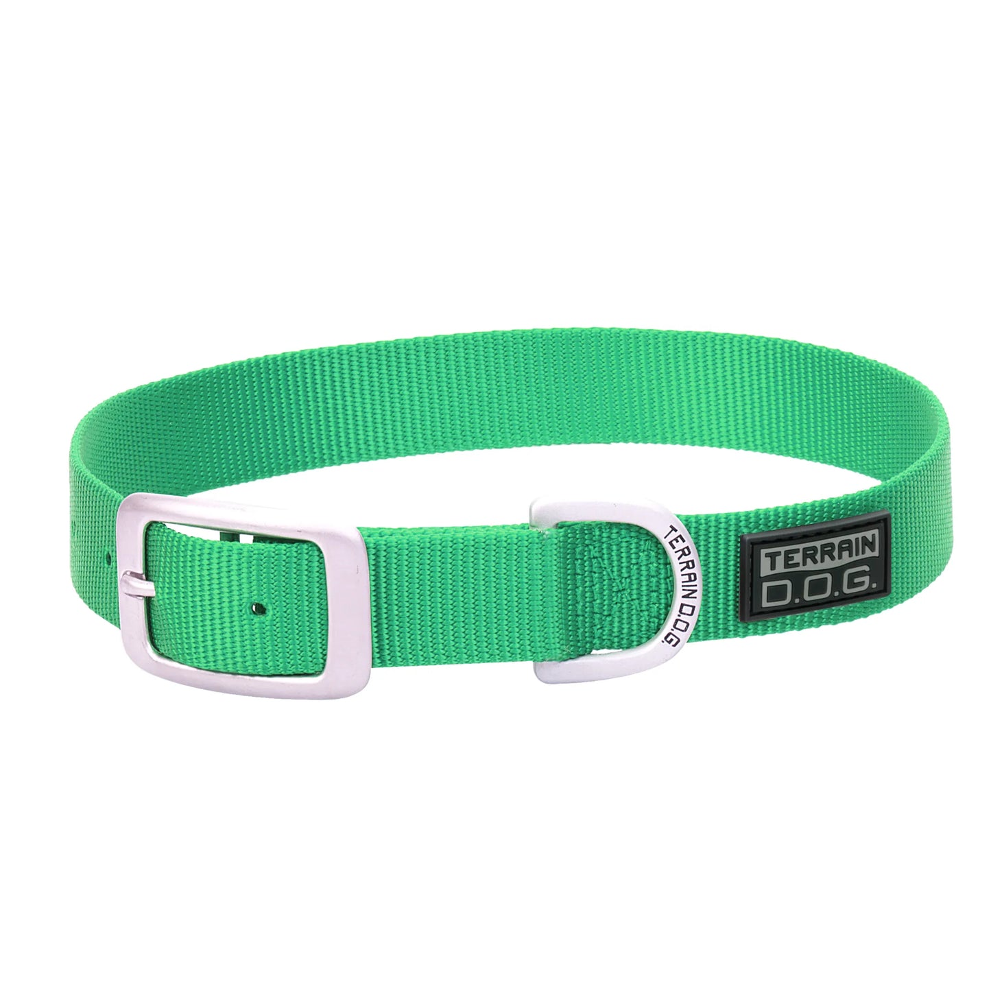 Green Weaver Leather Terrain D.O.G. nylon dog collar featuring a durable silver metal buckle and an engraved D-ring for easy leash attachment. This heavy-duty, stylish pet accessory is crafted from high-quality webbing with a black rubberized brand patch, making it a perfect choice for active dogs and outdoor adventures.