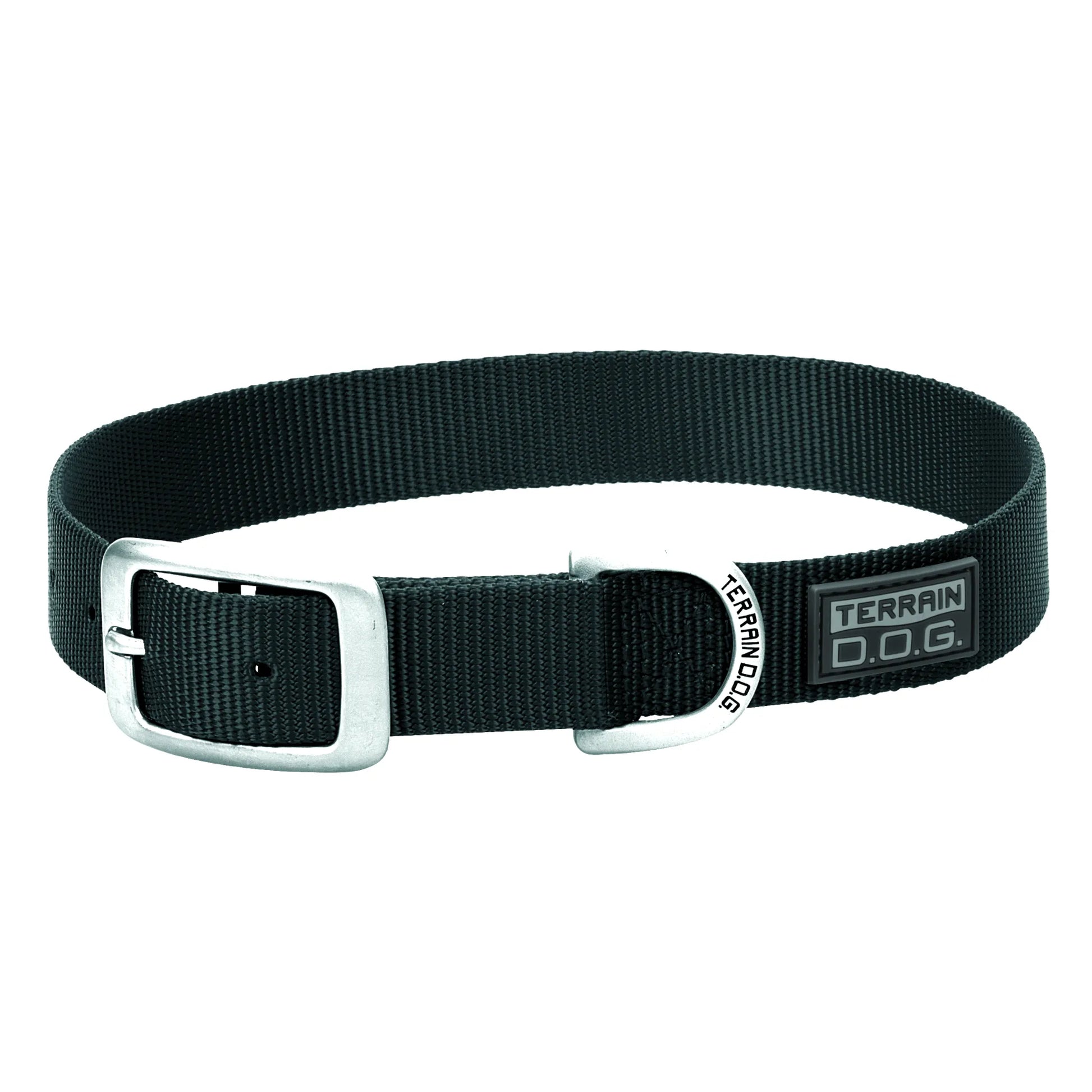 Black Terrain D.O.G. nylon dog collar by Weaver Leather featuring a durable silver-tone buckle and heavy-duty D-ring. This adjustable, high-performance dog collar is crafted from rugged webbing for outdoor adventures and daily walks. A stylish and secure choice for active pups, it combines professional-grade strength with a sleek, classic design.