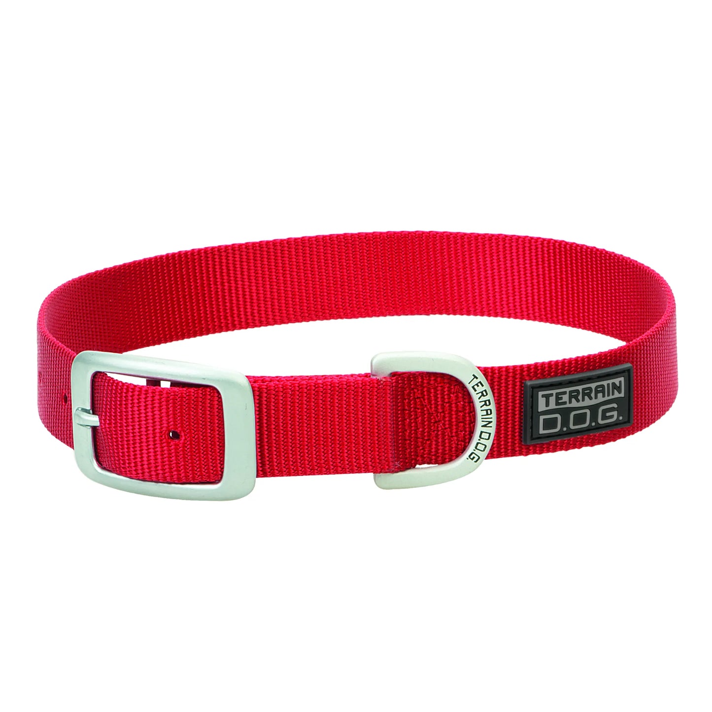 Vibrant red Weaver Leather Terrain D.O.G. nylon dog collar featuring a durable brushed silver buckle and a heavy-duty D-ring for leash attachment. This stylish and sturdy adjustable dog collar is perfect for active pups and outdoor adventures, crafted with high-quality nylon webbing and finished with a signature black rubber logo patch. A reliable, adventure-ready accessory for your dog.