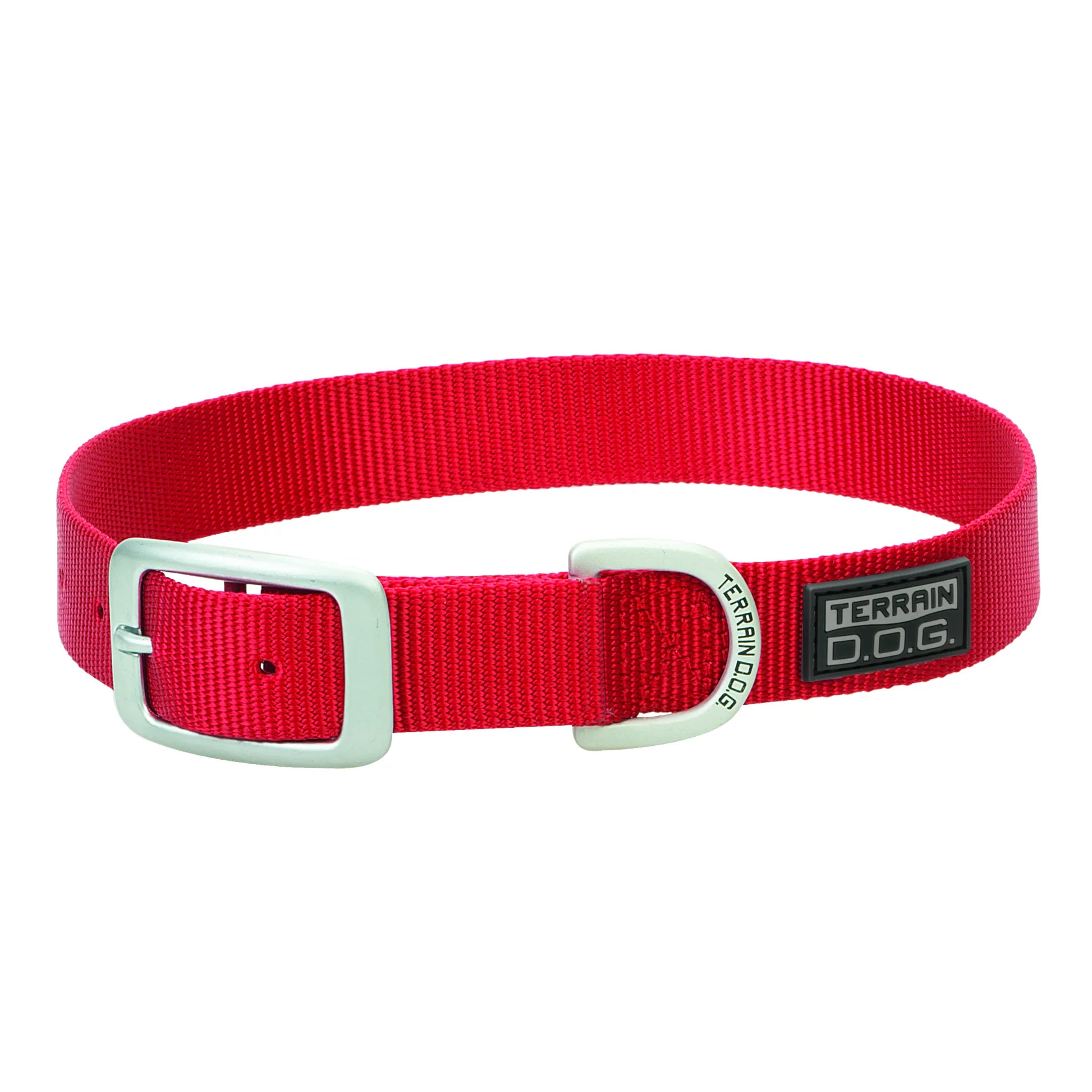 Vibrant red Weaver Leather Terrain D.O.G. nylon dog collar featuring a durable brushed silver buckle and a heavy-duty D-ring for leash attachment. This stylish and sturdy adjustable dog collar is perfect for active pups and outdoor adventures, crafted with high-quality nylon webbing and finished with a signature black rubber logo patch. A reliable, adventure-ready accessory for your dog.