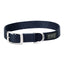 Navy blue Weaver Leather Terrain D.O.G. nylon dog collar featuring a durable, heavy-duty design. This stylish pup accessory includes a secure silver-tone metal buckle, a sturdy D-ring with engraved branding, and a rubberized brand logo. Ideal for active dogs, this adjustable navy nylon collar combines strength and classic style for everyday outdoor adventures.