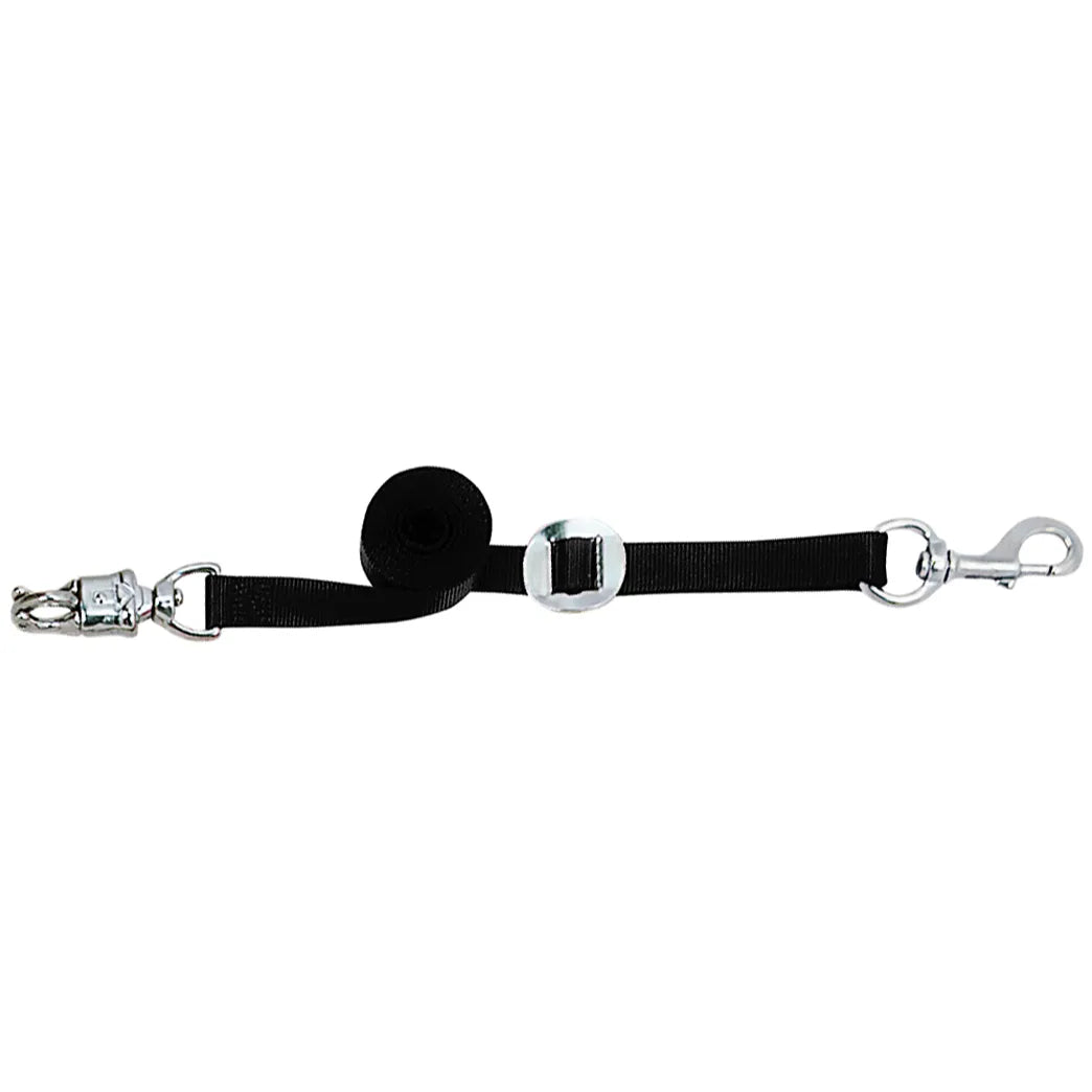 Weaver Leather black nylon horse cross ties featuring a safety panic snap and a heavy-duty bolt snap. These adjustable equestrian cross ties with high-quality silver hardware are perfect for secure horse grooming and stable restraint. Durable nylon webbing ensures longevity for daily barn use or trailer travel.