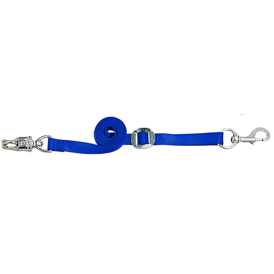 Royal blue Weaver Leather Nylon Horse Cross Tie featuring a quick-release panic snap for horse safety and a heavy-duty bolt snap for secure attachment. This durable, adjustable grooming tie is made from high-quality nylon webbing with a metal slide buckle, perfect for barn aisles and stable stalls. Essential equestrian equipment for secure horse grooming and tacking.