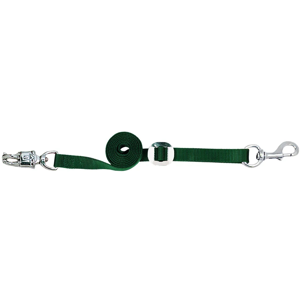 Weaver Leather nylon horse cross tie in hunter green featuring a safety panic snap and a durable swivel bolt snap. This adjustable equestrian grooming tie is made from high-quality webbing with a silver slide buckle for customizable length. Ideal for securing horses safely in the barn, stable, or wash rack, these cross ties are essential horse care accessories for every equestrian.