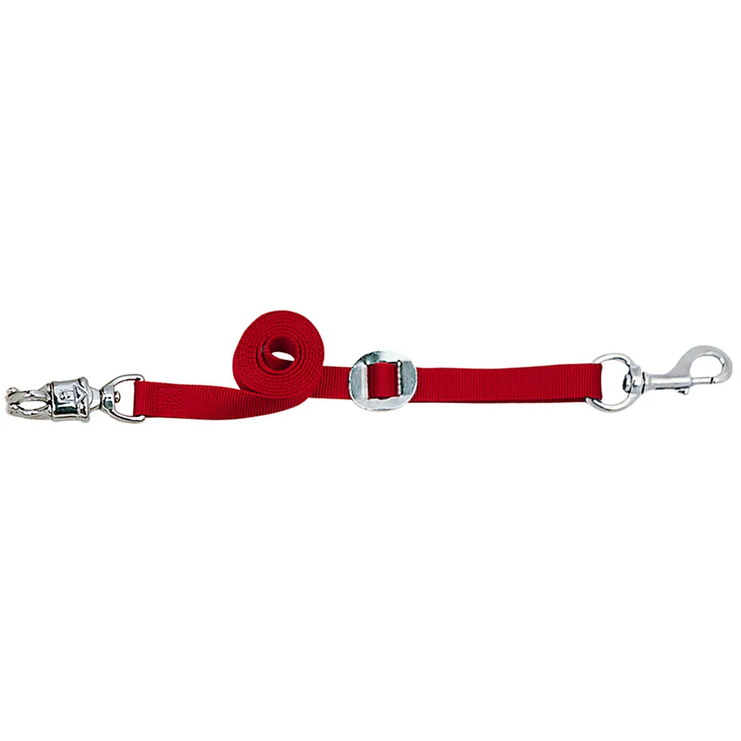 Durable red Weaver Leather nylon horse cross tie featuring a quick-release panic snap and a heavy-duty swivel bolt snap. These adjustable equestrian cross ties are made from high-quality red webbing, perfect for securing horses in barn aisles or wash racks during grooming. Essential horse stable equipment designed for safety and convenience, featuring a metal slider for easy length adjustment.