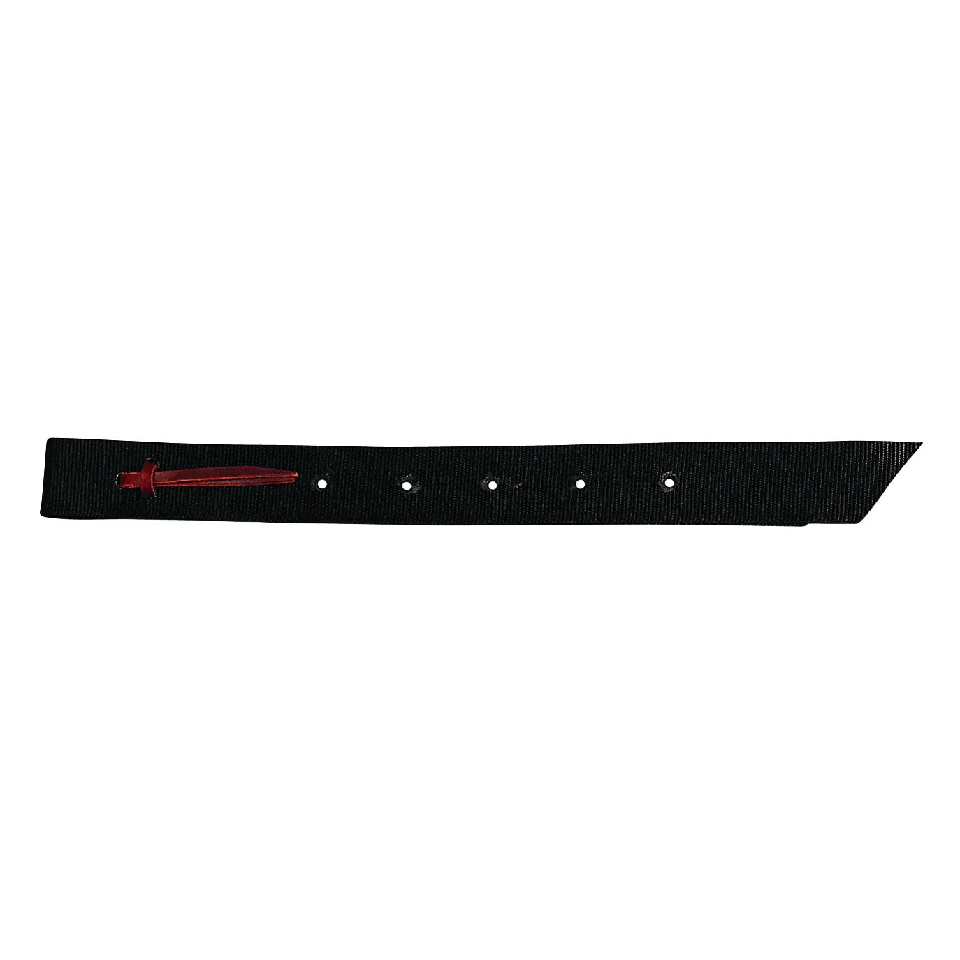 Weaver Leather Black Nylon Off Billet for western saddles. This durable horse tack essential features five pre-punched adjustment holes and a vibrant red latigo leather tie for secure cinch attachment. Made from heavy-duty nylon webbing with a heat-sealed slanted end to resist fraying, it provides long-lasting reliability for every ride. High-quality equestrian gear designed for safety and performance.