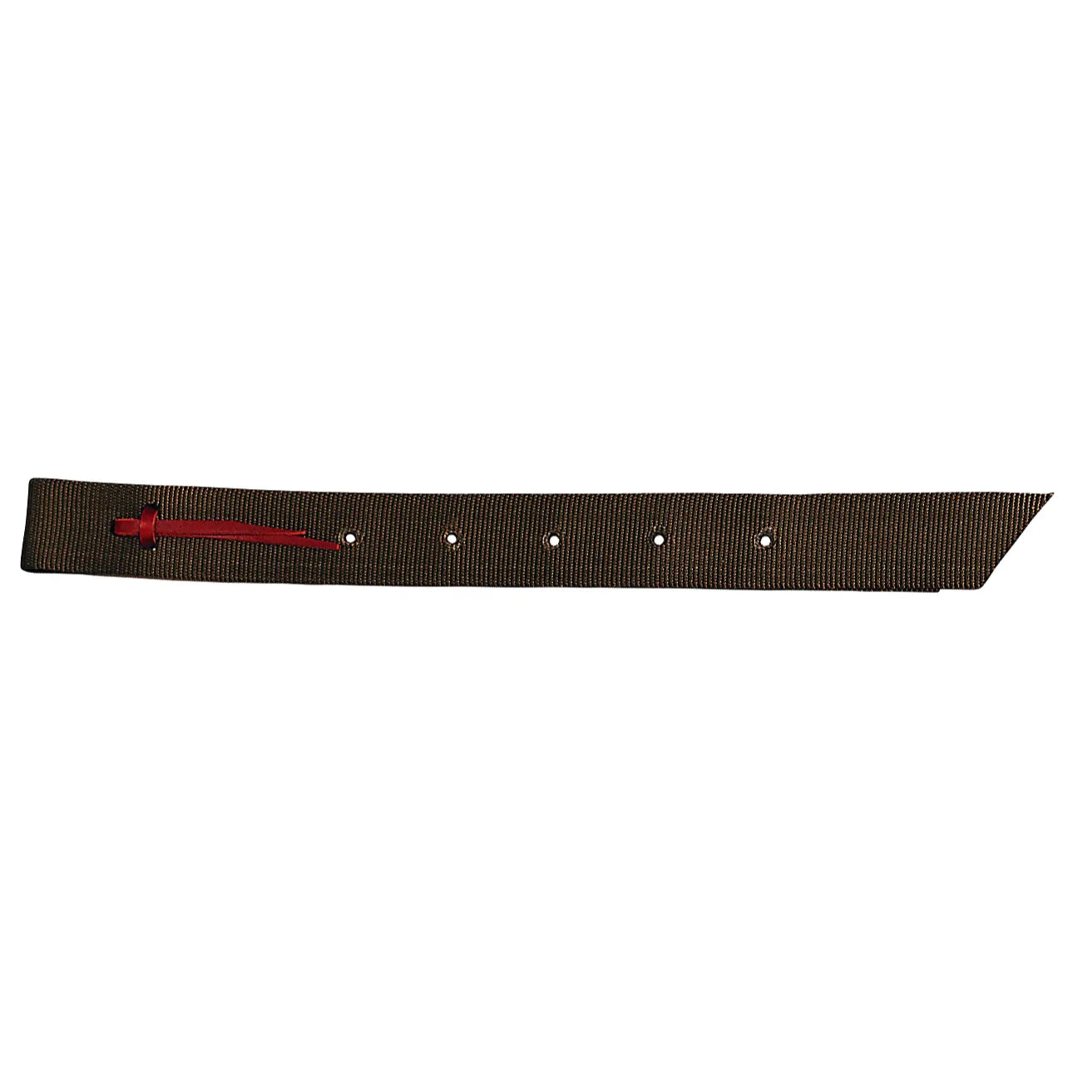 Weaver Leather Nylon Off Billet in chocolate brown, featuring a burgundy latigo leather tie. This essential western saddle accessory is crafted from heavy-duty nylon with heat-sealed adjustment holes for maximum durability and strength. Ideal for equestrians looking for reliable horse tack to secure their cinch, this high-quality billet strap offers long-lasting performance for trail riding, competition, or ranch work.