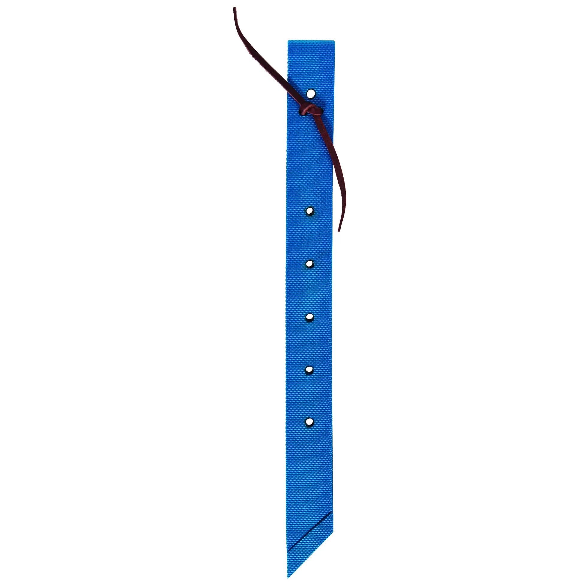 Weaver Leather Nylon Off Billet in vibrant royal blue, featuring a durable multi-layered construction with multiple pre-punched holes for easy adjustment. This heavy-duty Western saddle strap includes a burgundy leather tie for secure attachment and heat-sealed edges for long-lasting performance. An essential equestrian tack accessory for horse riders seeking reliable and stylish saddle gear.