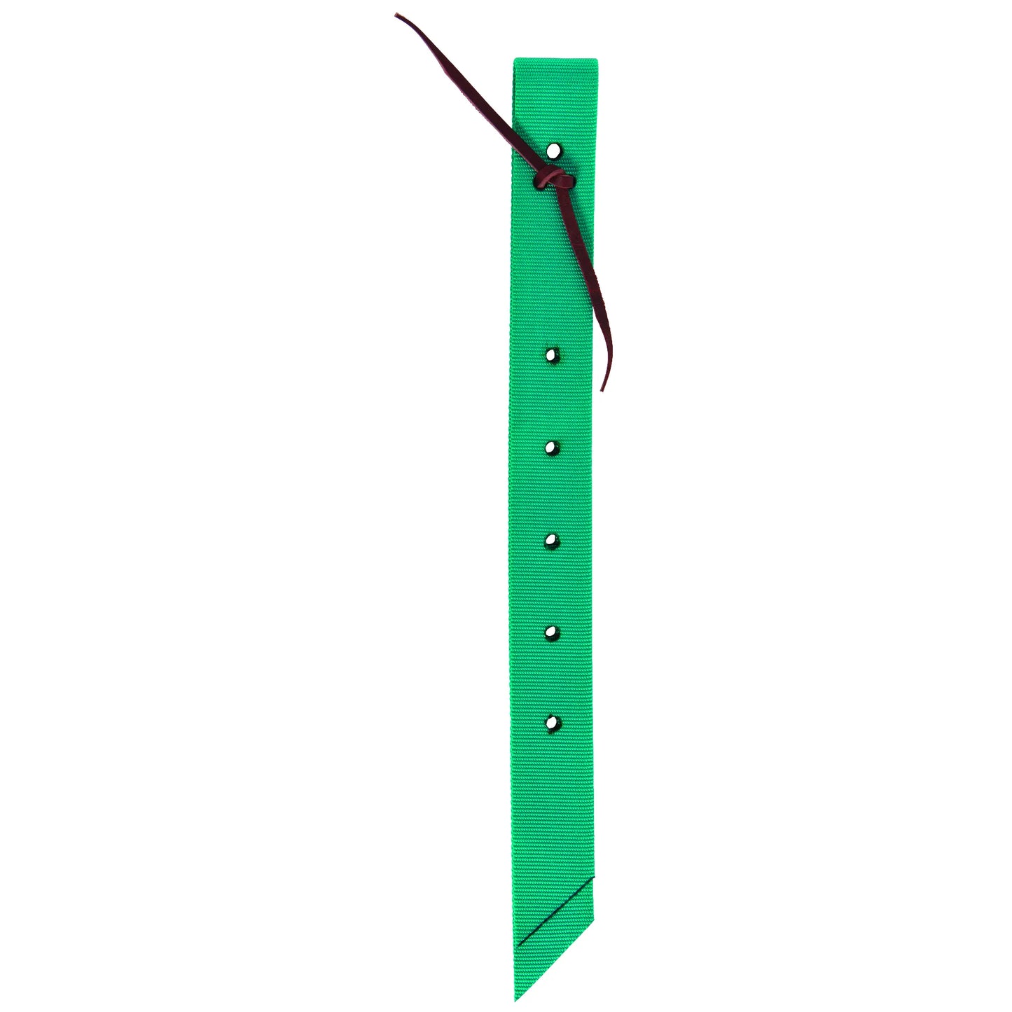 Bright green Weaver Leather Nylon Off Billet crafted from durable, heavy-duty nylon webbing for long-lasting performance. This essential western saddle accessory features a burgundy leather tie-on lace and multiple pre-punched holes for secure and easy cinch adjustment. A reliable, high-quality piece of horse tack designed for both professional and everyday riders.