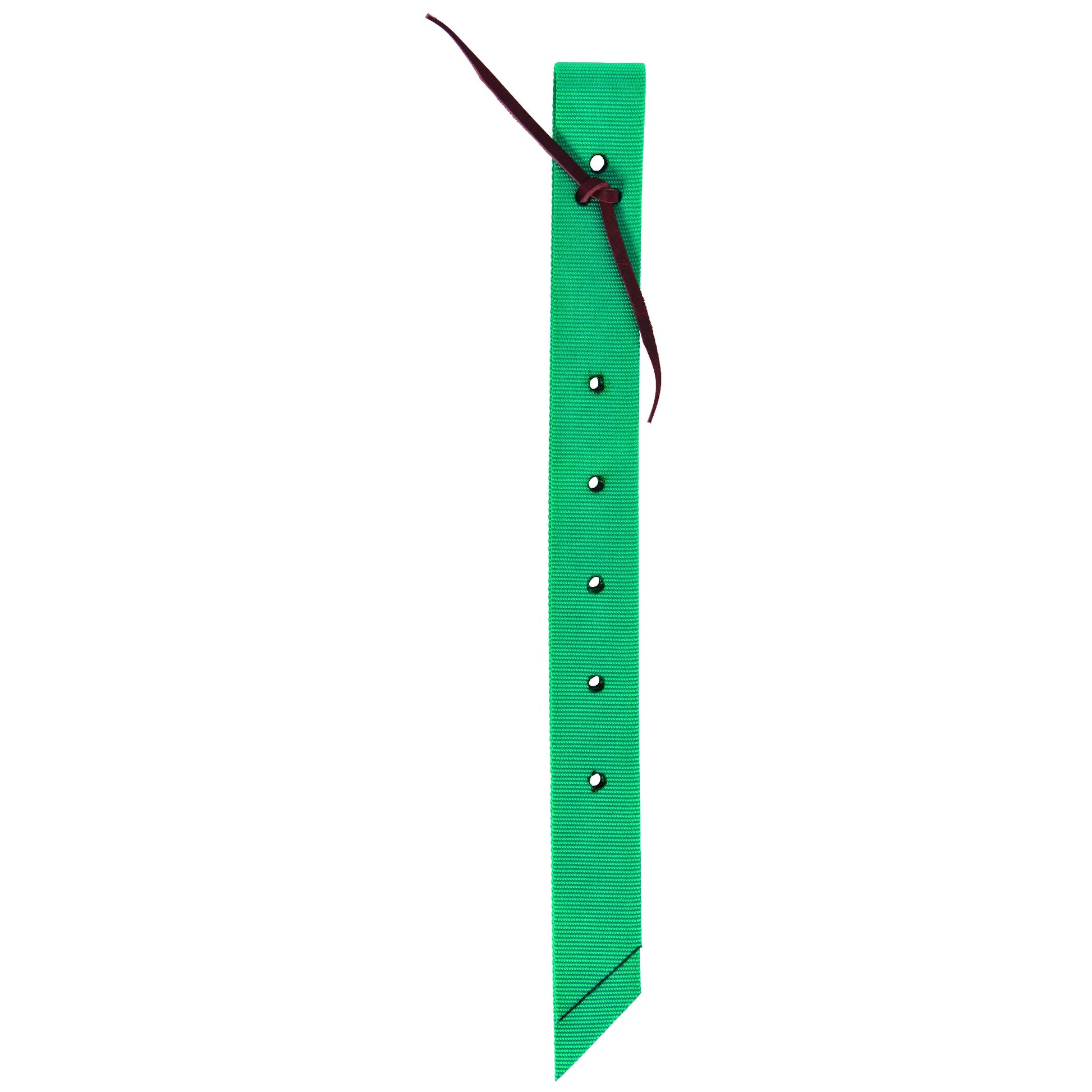 Bright green Weaver Leather Nylon Off Billet crafted from durable, heavy-duty nylon webbing for long-lasting performance. This essential western saddle accessory features a burgundy leather tie-on lace and multiple pre-punched holes for secure and easy cinch adjustment. A reliable, high-quality piece of horse tack designed for both professional and everyday riders.