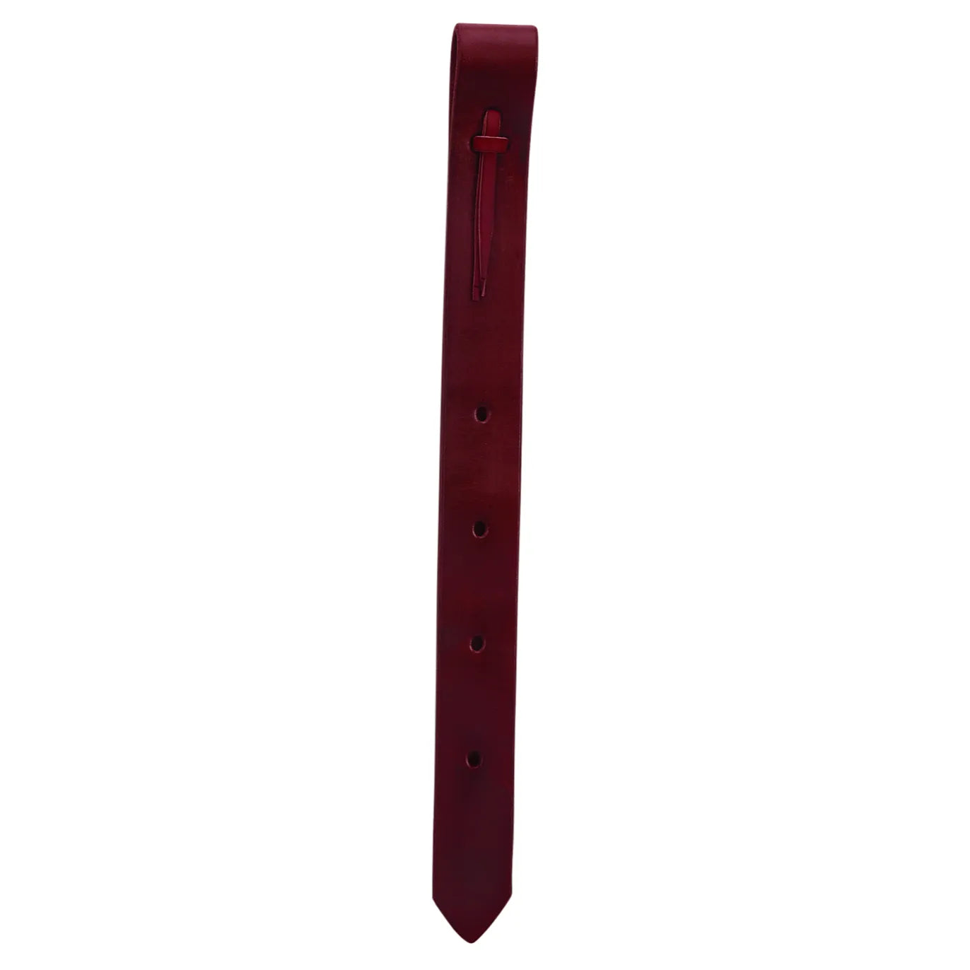 Burgundy Weaver Leather Off Billet featuring premium leather construction for western saddles. This durable strap includes a pre-looped top with a leather tie and four adjustment holes to ensure saddle security and riding comfort. Ideal for horse tack upgrades, this mahogany-toned off billet provides a professional look and reliable performance for trail or show riding.