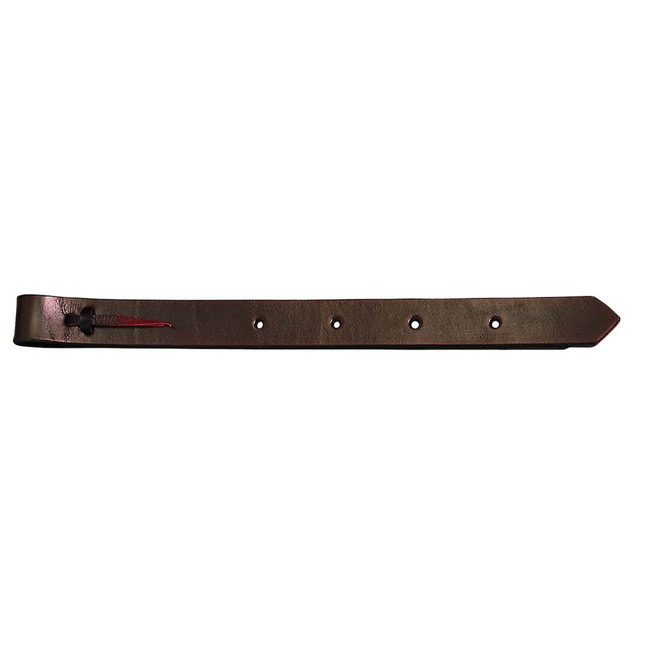 Weaver Leather Off Billet in rich dark brown, designed to enhance Western saddle security. This heavy-duty leather strap features four pre-punched holes and a tapered end for easy adjustment. Perfect for equestrian riding comfort, this durable horse tack essential includes a classic tie-lace detail. Secure your cinch with confidence using this high-quality saddle accessory.
