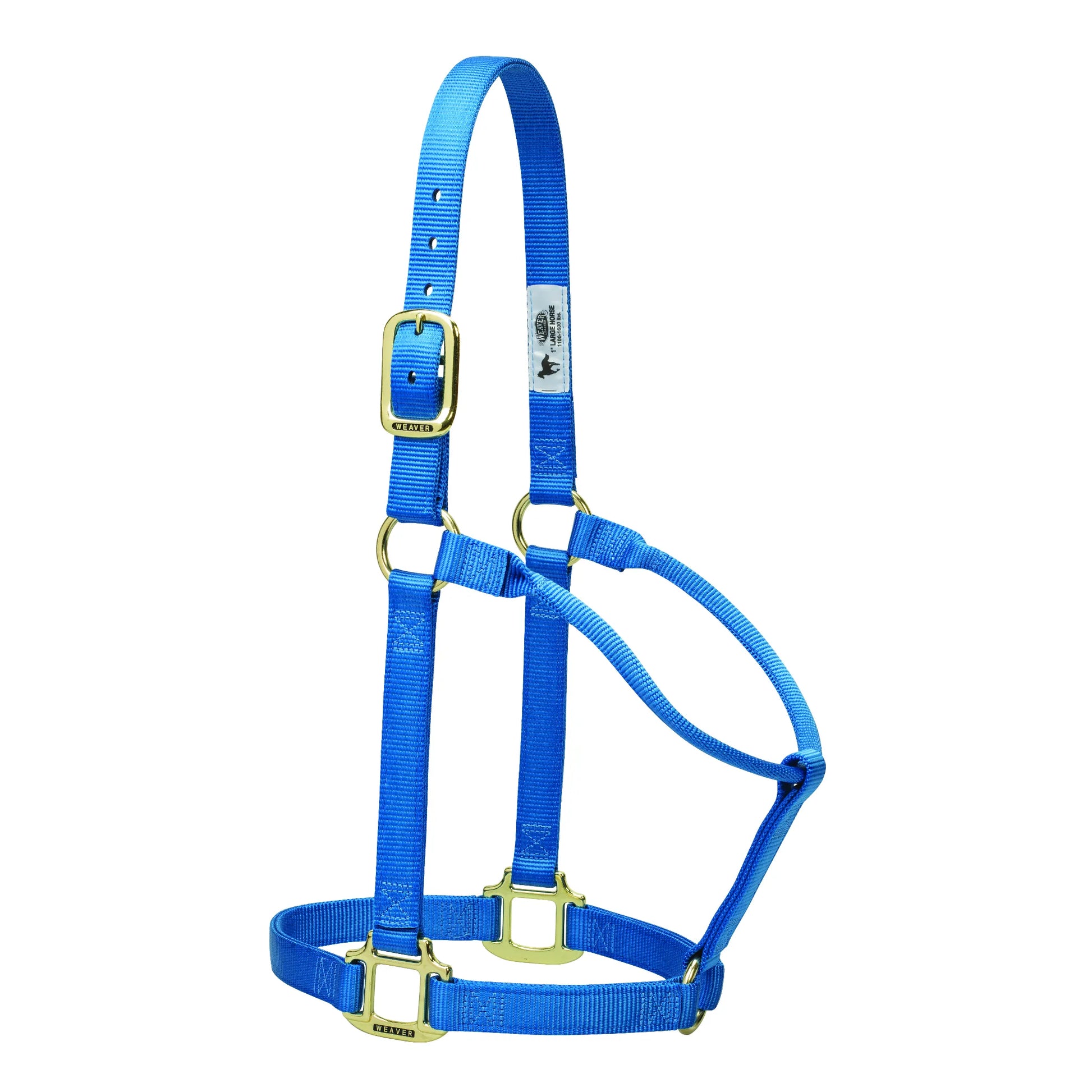Weaver Leather Original 1" Non-Adjustable Horse Halter in vibrant French Blue. This high-quality nylon horse halter features durable brass-plated hardware, box-stitched stress points for added strength, and heat-sealed buckle holes to prevent fraying. A classic and reliable piece of equestrian gear, this bright blue halter combines style and durability for everyday horse care and handling.