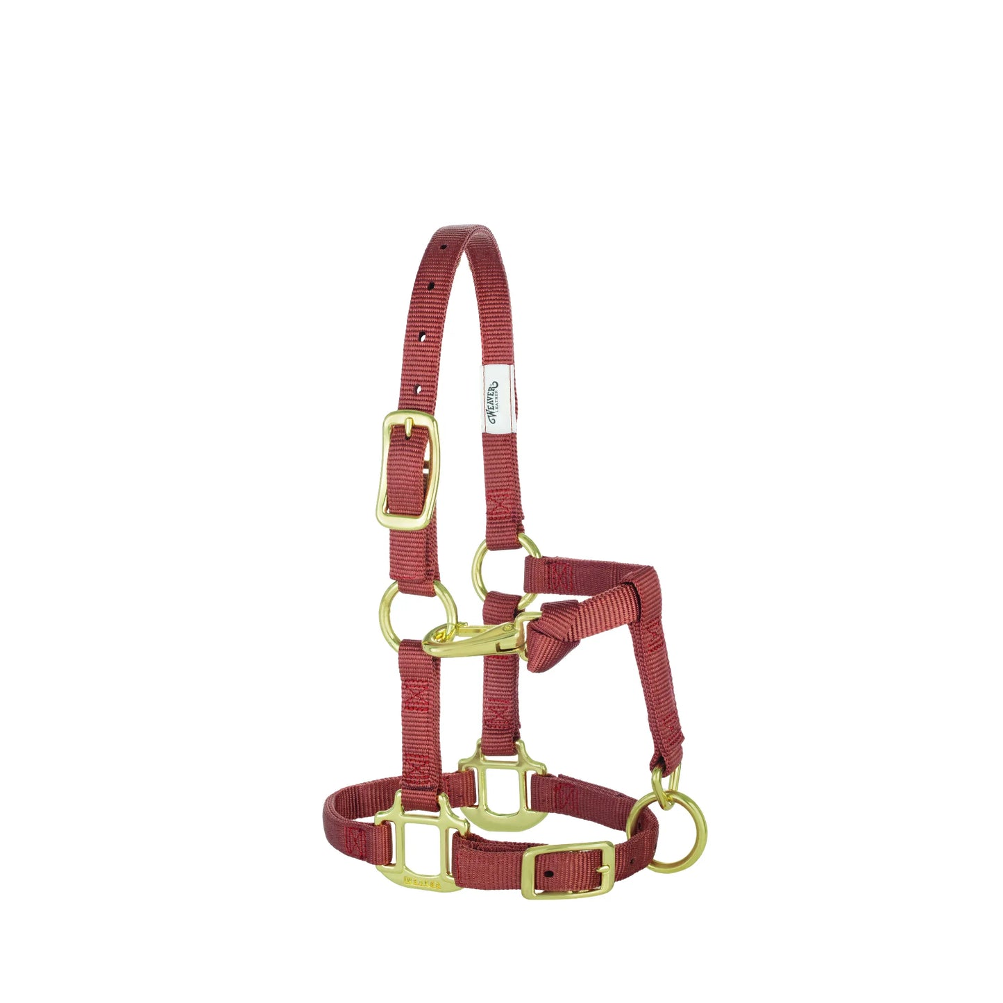Weaver Leather 3/4" adjustable nylon horse halter in a rich burgundy red. This durable training halter features heavy-duty brass-plated hardware, an adjustable noseband, and a crown strap for a custom fit. Designed specifically for weanlings, sucklings, and Arabian horses, it includes a convenient throat snap and heat-sealed buckle holes. A high-quality equestrian essential for daily handling and leading.