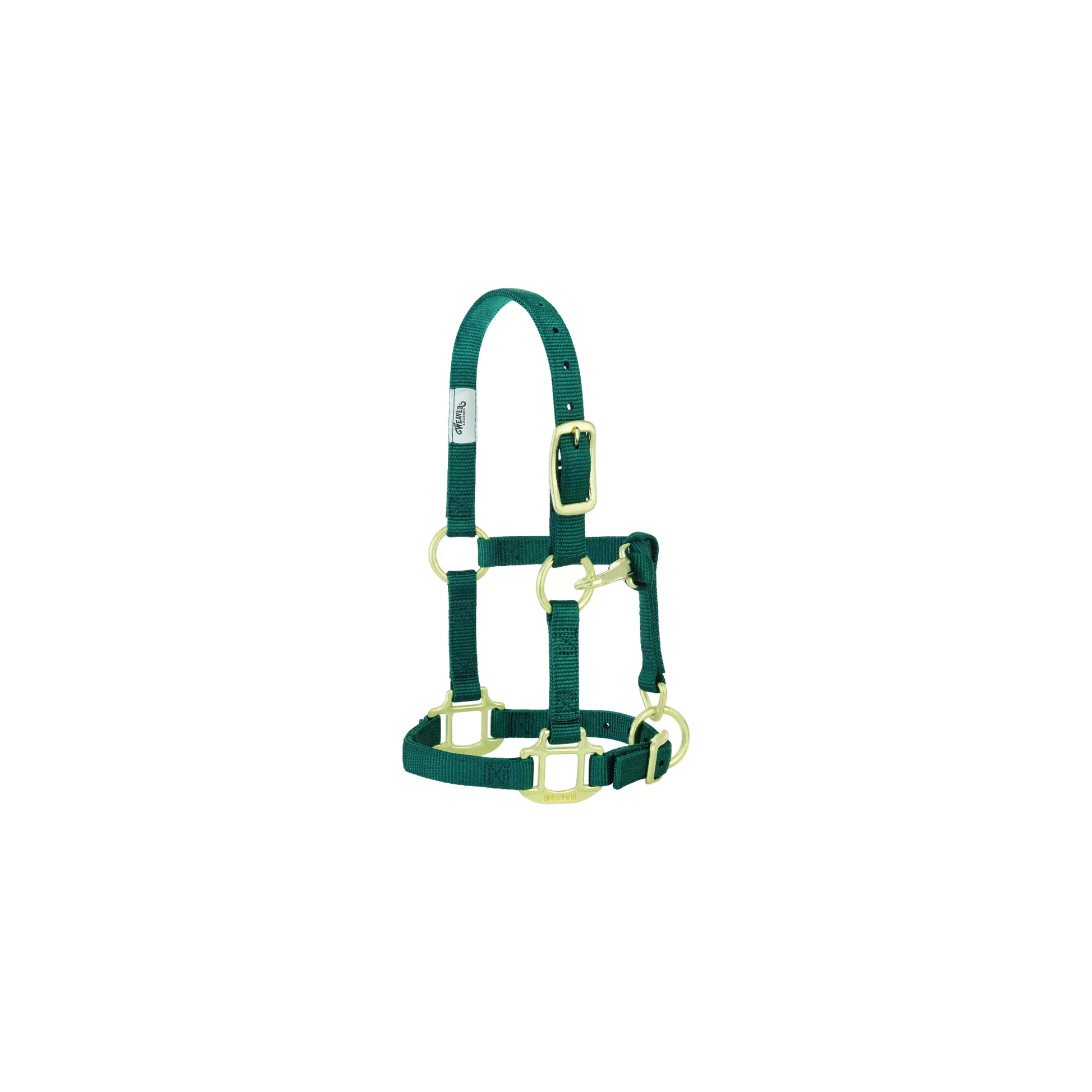 Weaver Leather Original Adjustable Nylon Horse Halter in Hunter Green, sized for weanlings, sucklings, or Arabian horses. This 3/4" wide halter features premium brass-plated hardware, triple-ply nylon construction, and reinforced stress points for maximum durability. Includes an adjustable crown and chin strap for a perfect, secure fit. A top choice for high-quality horse tack and everyday equestrian gear.