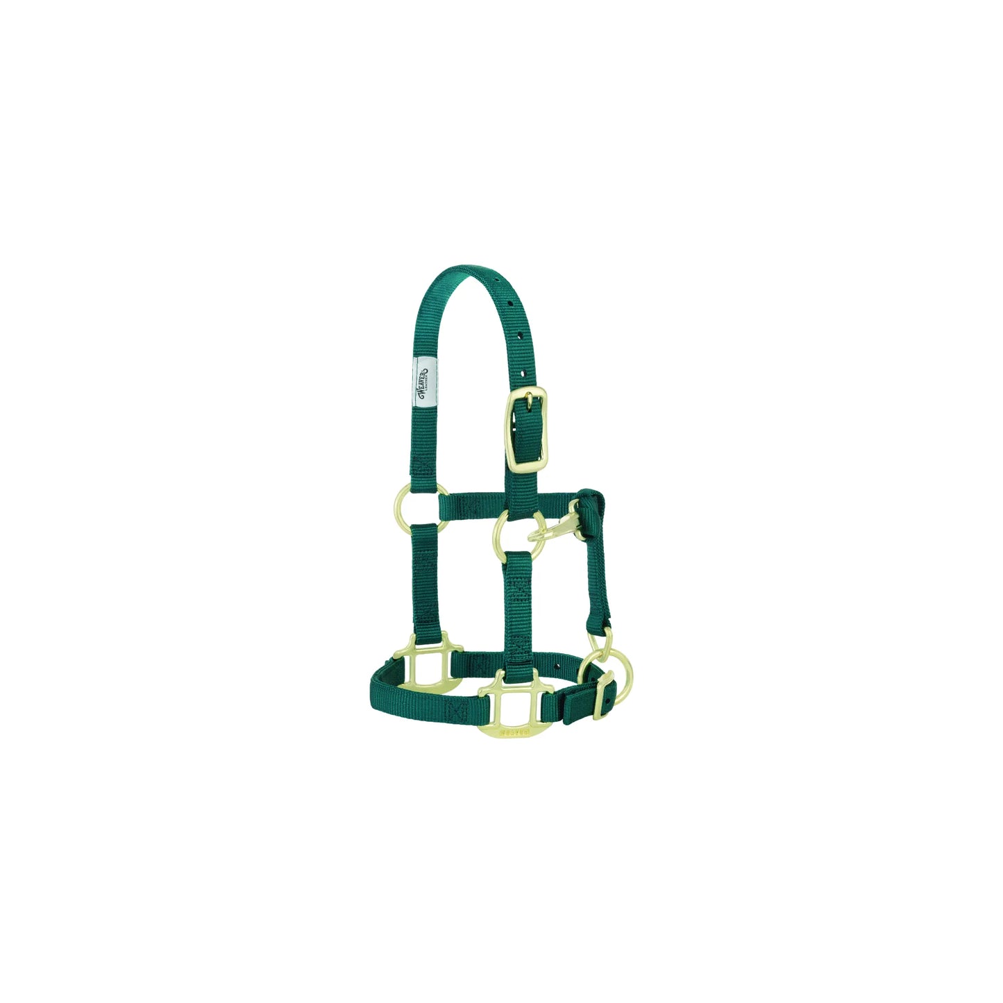Weaver Leather Original Adjustable Nylon Horse Halter in Hunter Green with brass-plated hardware. This 3/4-inch adjustable halter is designed for weanlings, sucklings, and Arabian horses. Features a snap throat latch and durable nylon construction for a secure, comfortable fit. Ideal equine gear for young horse training and leading.