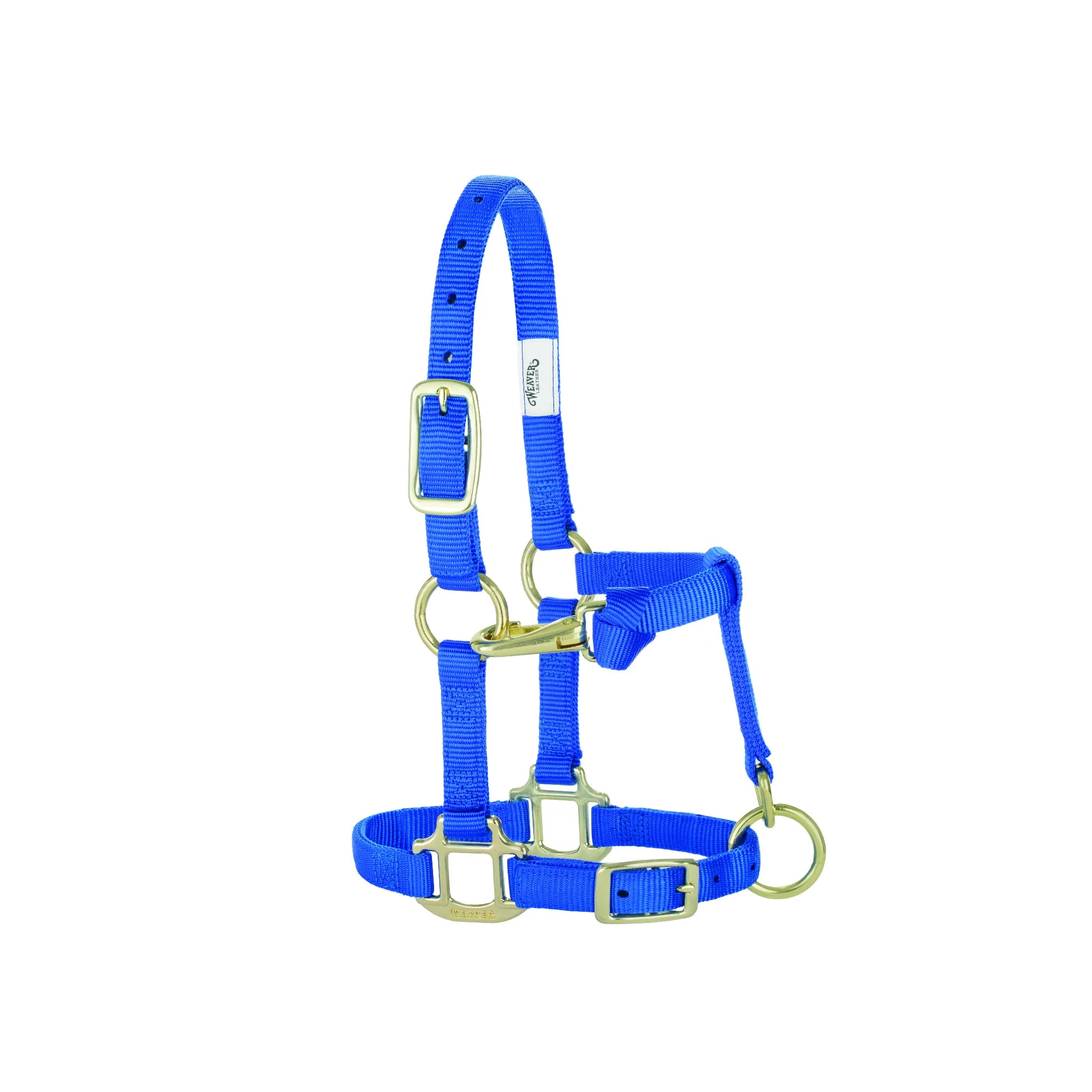 Weaver Leather Original 3/4-inch royal blue nylon horse halter designed for weanlings, sucklings, or Arabian horses. This adjustable halter features high-quality brass-plated hardware, a convenient throat snap, and heat-sealed holes. A durable and stylish choice for young horses or those with refined heads, offering a custom fit and professional look. Ideal for grooming, leading, and training.