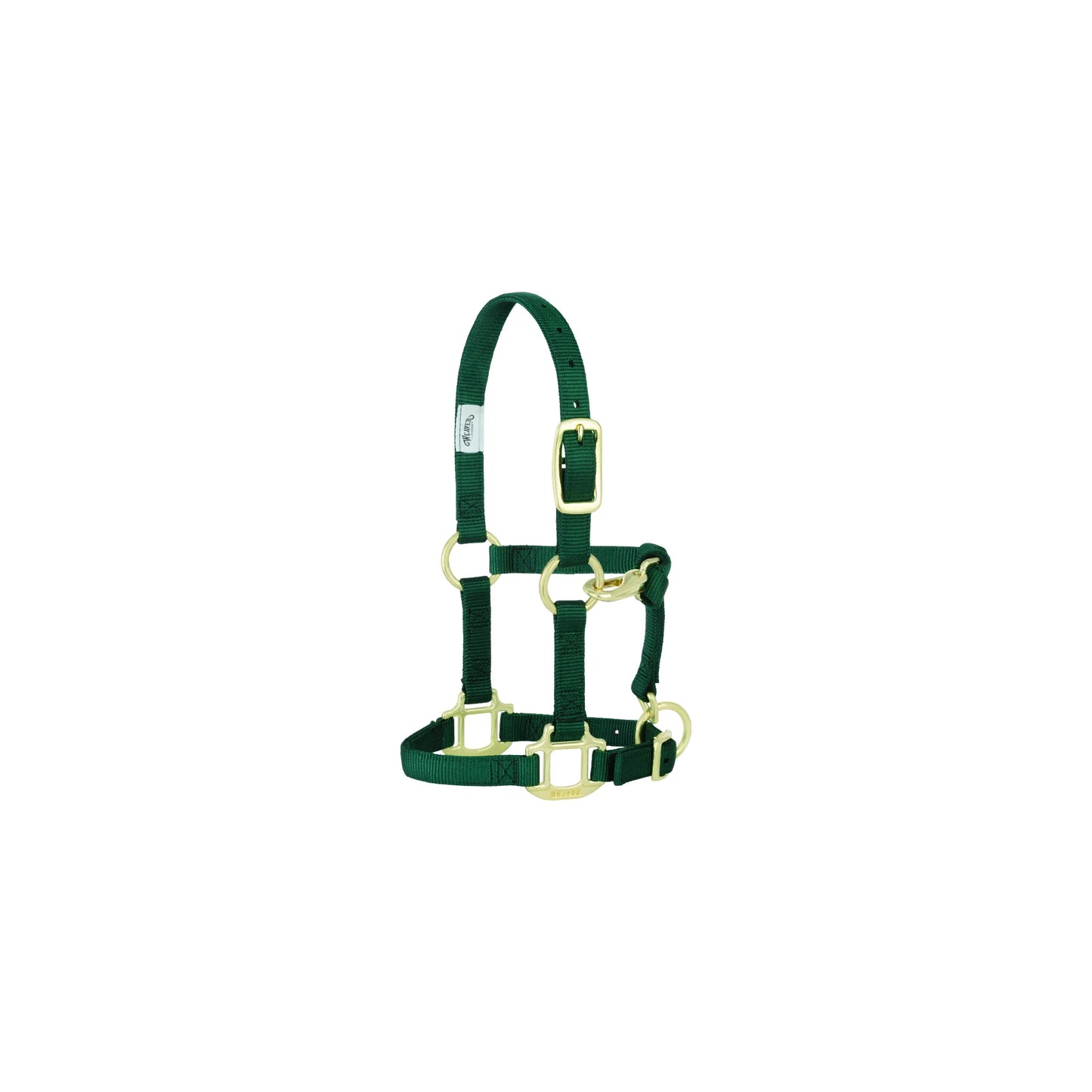 Weaver Leather Hunter Green Adjustable Nylon Horse Halter for Weanlings, Sucklings, and Arabians. This 3/4-inch wide halter features durable green webbing and premium brass-plated hardware with a convenient throat snap. High-quality horse tack designed for a secure, adjustable fit for young colts, fillies, and smaller horse breeds.