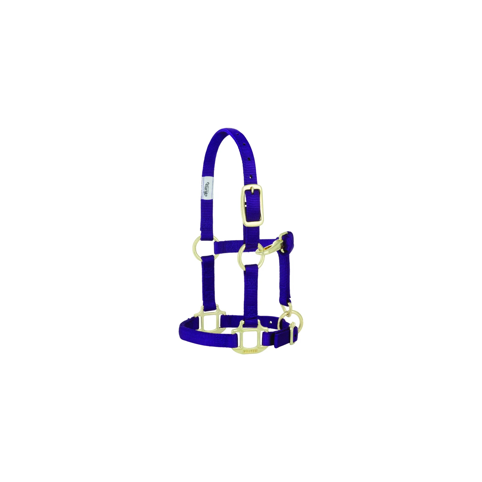 Weaver Leather Original 3/4" purple nylon horse halter designed for weanlings, sucklings, and Arabian horses. Features durable nylon webbing with reinforced stitching, premium brass-plated hardware, and adjustable crown and chin straps for a secure, custom fit. This vibrant purple halter is a must-have for young horses and refined breeds, offering both strength and classic equestrian style.
