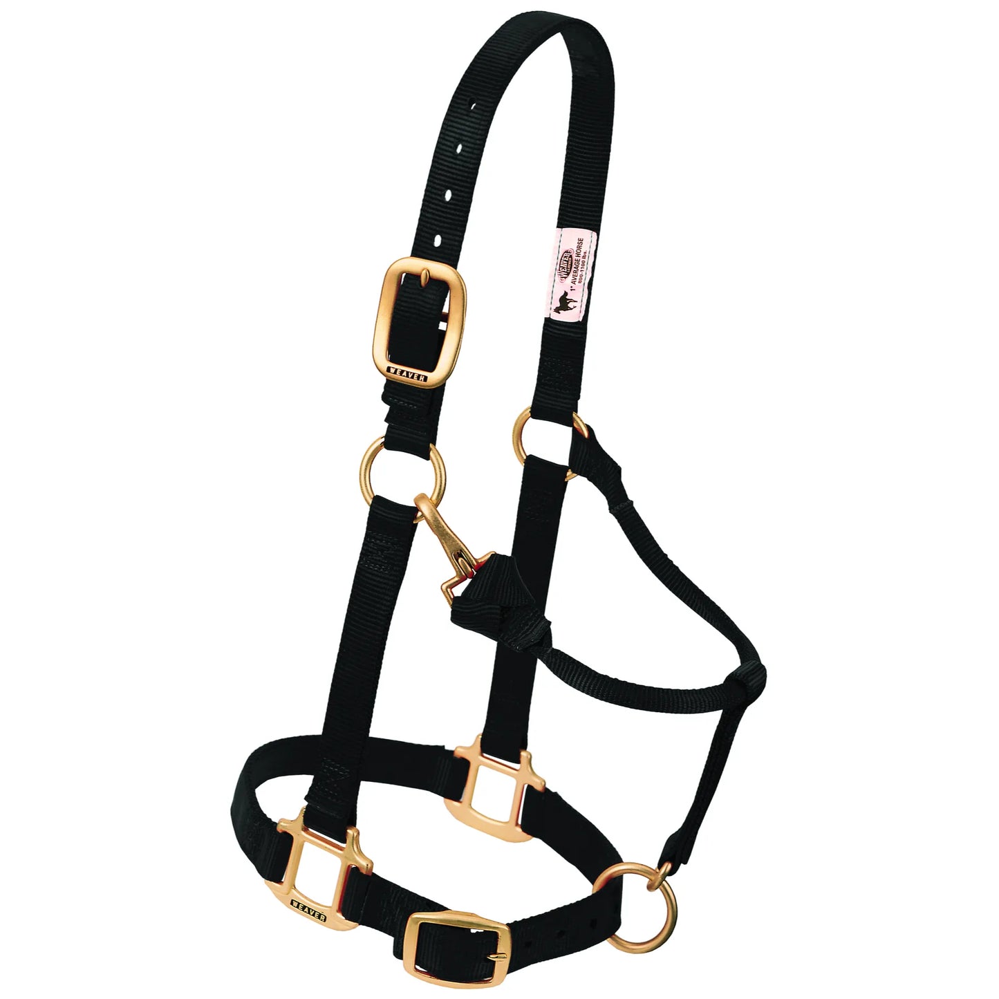 Weaver Leather Original Adjustable Nylon Halter for Weanlings, Sucklings, or Arabian horses. This classic black 3/4-inch horse halter features premium brass-plated hardware, an adjustable chin and crown for a custom fit, and a convenient throat snap. Reinforced at stress points for long-lasting performance, it is a must-have piece of horse tack for training, grooming, and everyday handling.
