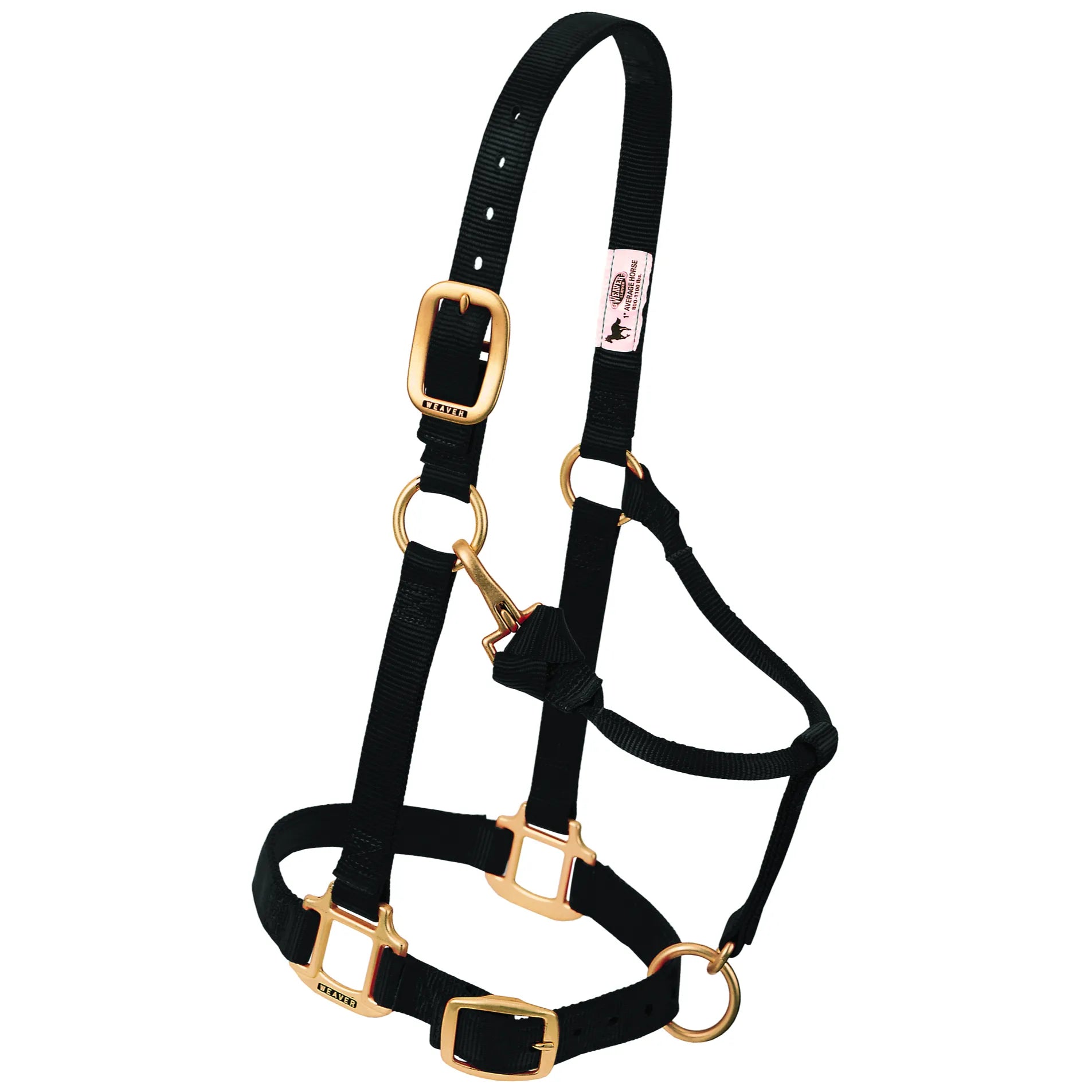 Weaver Leather Original Adjustable Nylon Halter for Weanlings, Sucklings, or Arabian horses. This classic black 3/4-inch horse halter features premium brass-plated hardware, an adjustable chin and crown for a custom fit, and a convenient throat snap. Reinforced at stress points for long-lasting performance, it is a must-have piece of horse tack for training, grooming, and everyday handling.