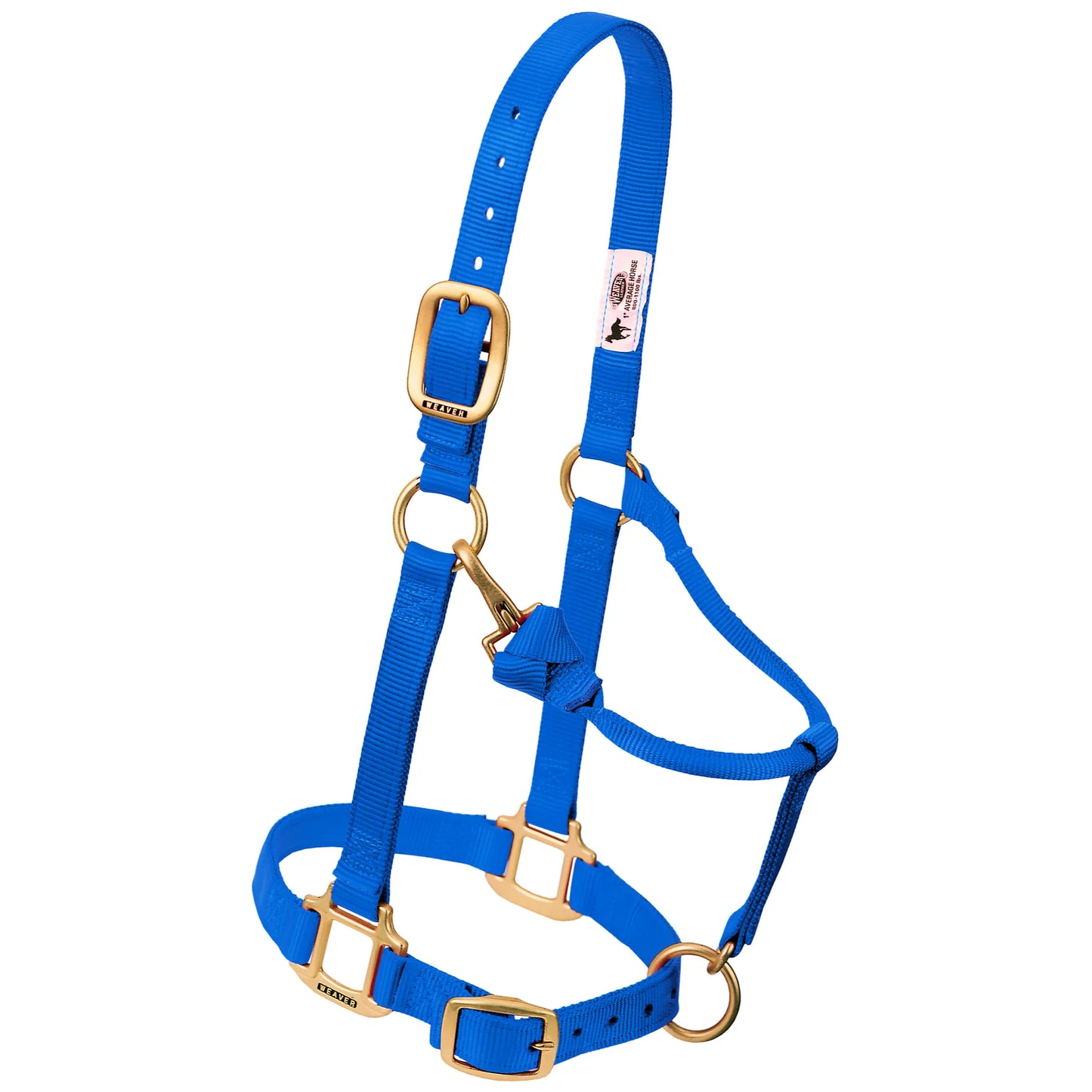 Royal blue 3/4" Weaver Leather original nylon horse halter for weanlings, sucklings, and Arabian horses. Features adjustable crown and chin straps for a perfect fit, durable brass-plated hardware, and a convenient snap-on throat latch. A high-quality, vibrant blue equestrian accessory designed for reliability and ease of use in the stable or during training.