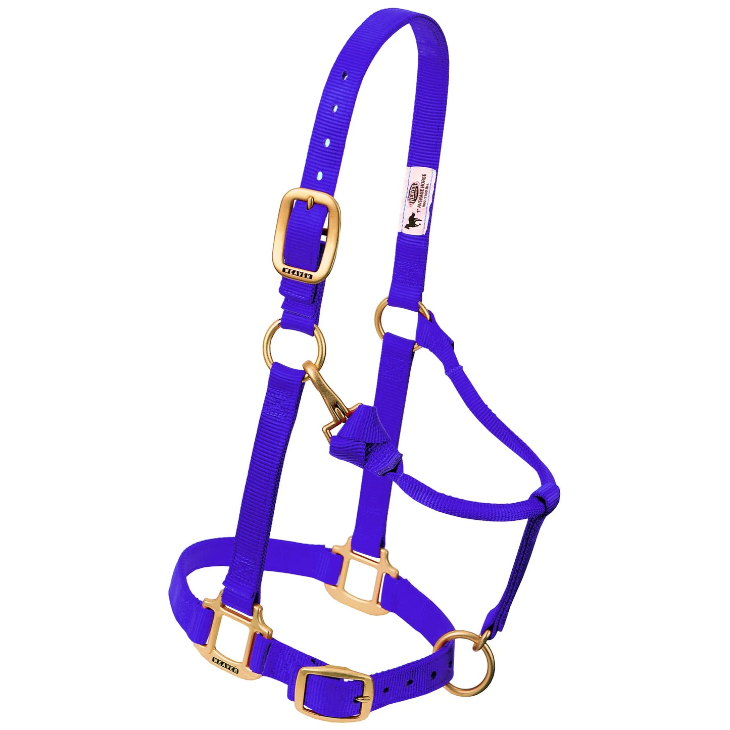 Vibrant purple Weaver Leather 3/4 inch original adjustable nylon horse halter for weanlings, sucklings, and Arabian horses. Features durable nylon construction, high-quality brass-plated hardware, a snap-on throat latch, and double-buckle adjustment at the crown and chin for a custom fit. Perfect for grooming, leading, and everyday equestrian use.