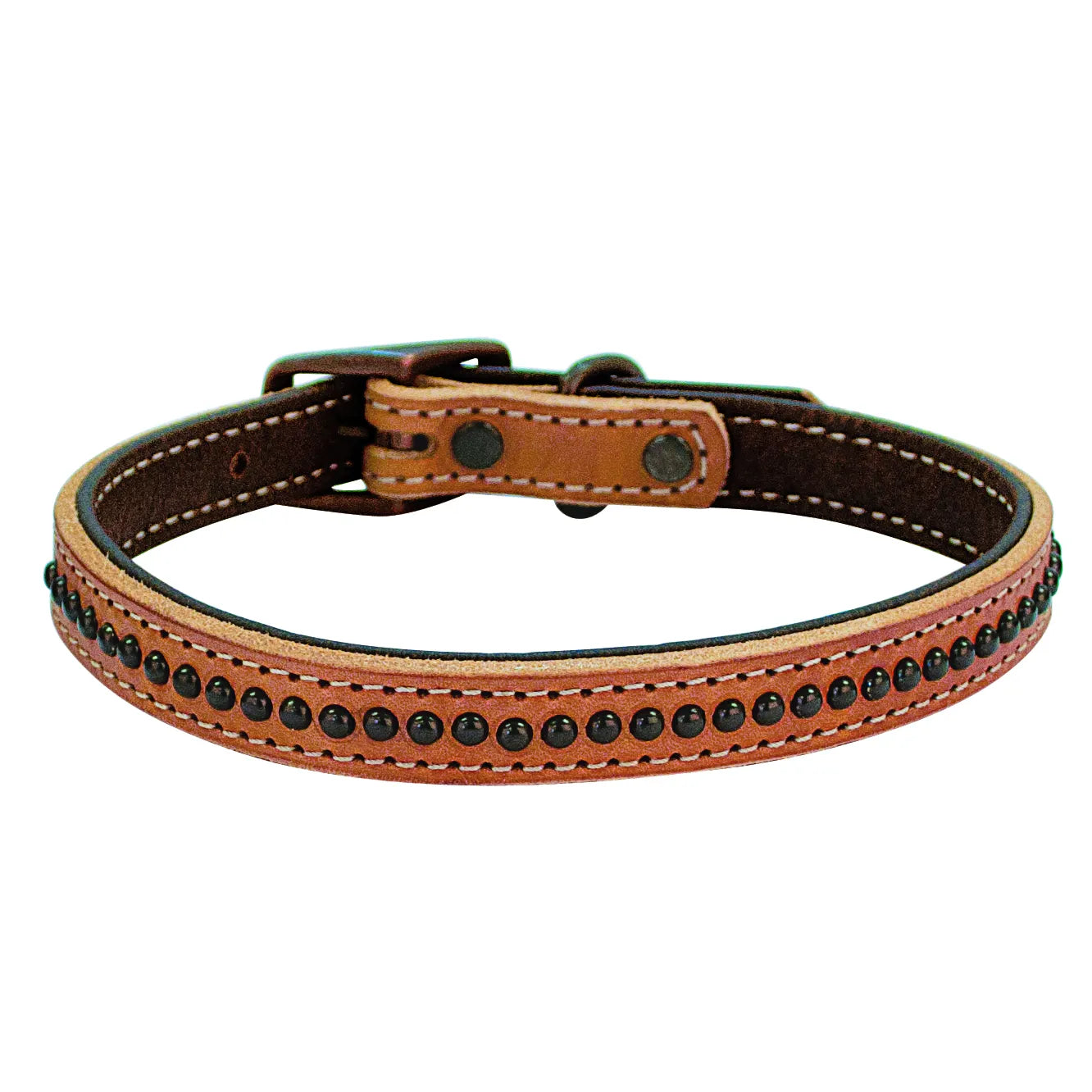 Weaver Leather Outlaw Dog Collar featuring premium chestnut brown leather with black rounded studs and bold white contrast stitching. This durable, western-inspired collar includes antique hardware and a secure buckle. Perfect for pet owners seeking a stylish, heavy-duty leather dog collar that combines rugged functionality with a classic country aesthetic.