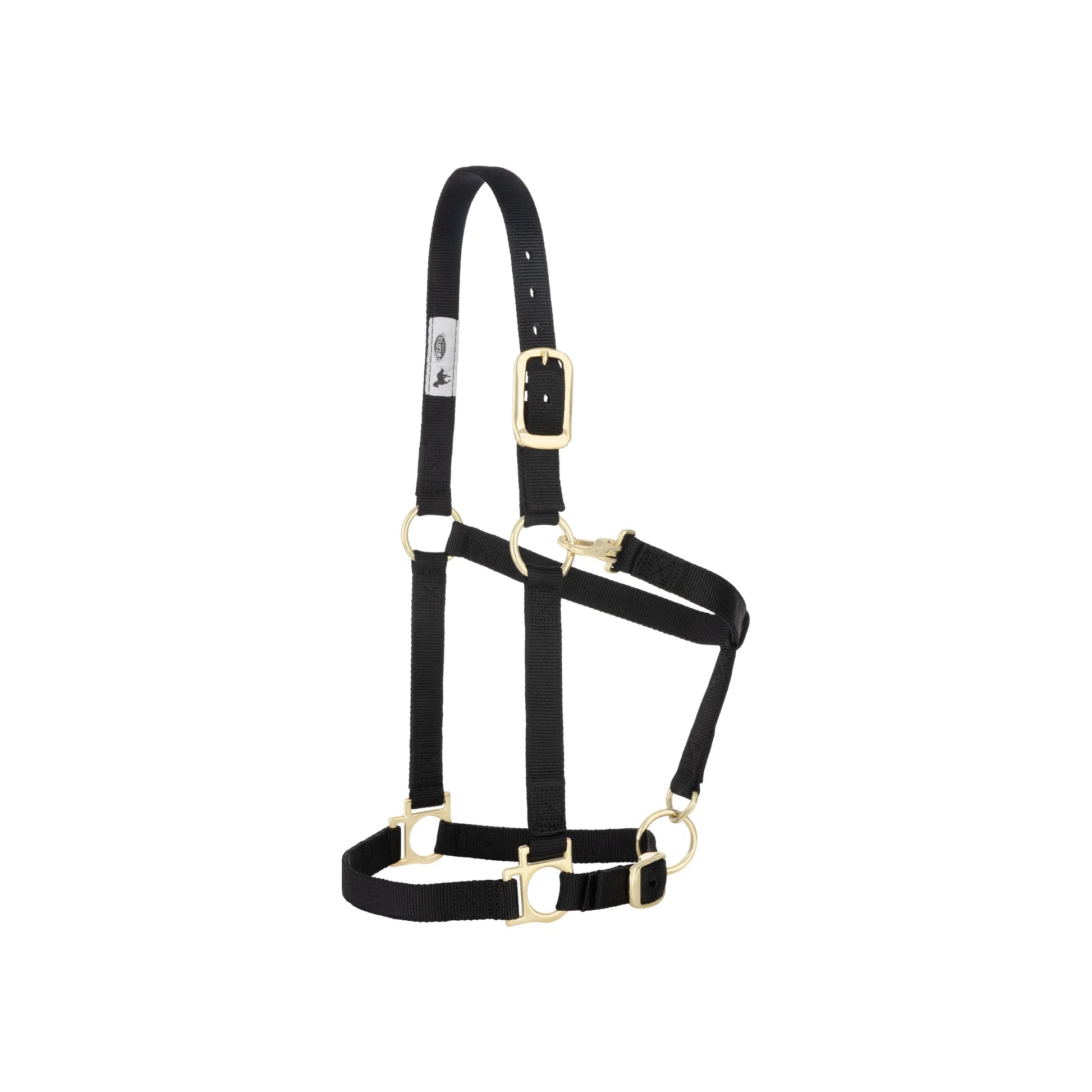 Black Weaver Leather Padded Nylon Horse Halter with elegant brass hardware. This adjustable large horse halter features a snap throat latch for easy use, a buckled crown piece, and soft padding for maximum comfort. High-quality equestrian gear and horse tack essential for daily handling, training, and transport.