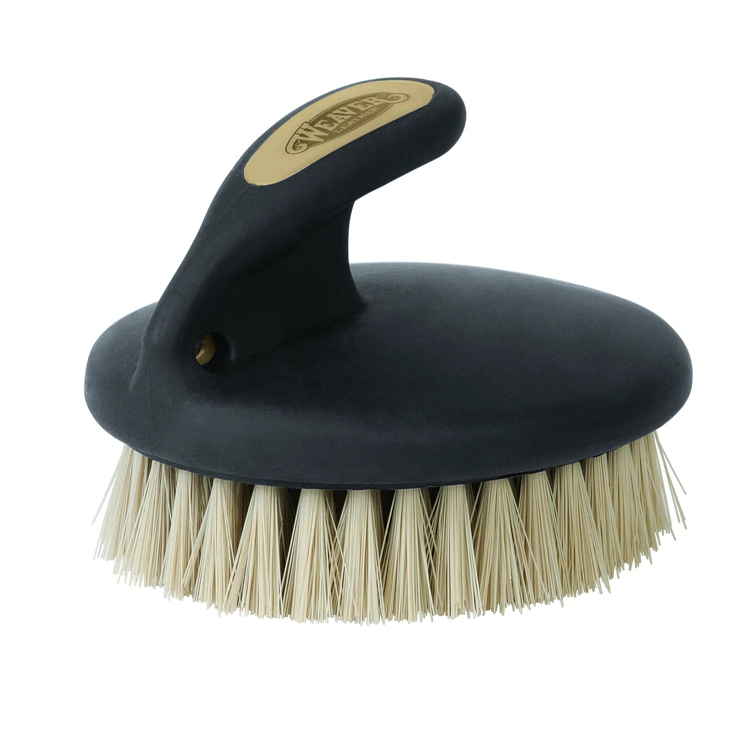 Ergonomic Weaver Leather Palm Brush with soft, cream-colored bristles. This horse grooming brush features a contoured black handle with a gold Weaver Leather logo inlay and a comfortable grip designed to fit perfectly in the palm. Ideal for grooming sensitive areas, finishing touches, and daily livestock care, providing maximum control and comfort for equine maintenance.