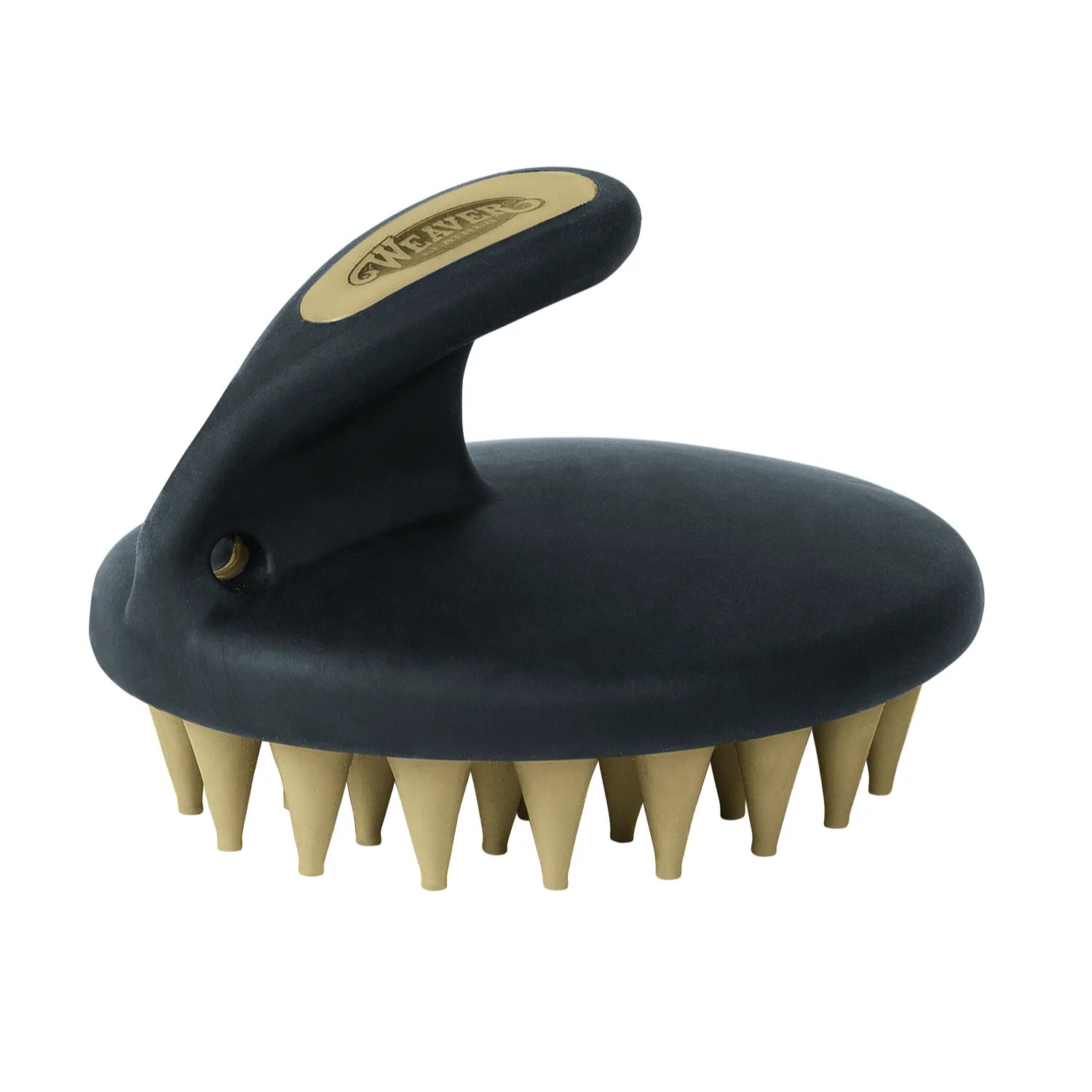 Weaver Leather Palm Curry in black and tan. This ergonomic horse grooming tool features large, flexible rubber teeth for deep cleaning and massaging livestock. The comfortable, contoured handle ensures a secure grip while removing mud and loose hair. Ideal for equestrians looking for a professional grooming finish, this durable curry comb is a must-have for any tack box or grooming kit.