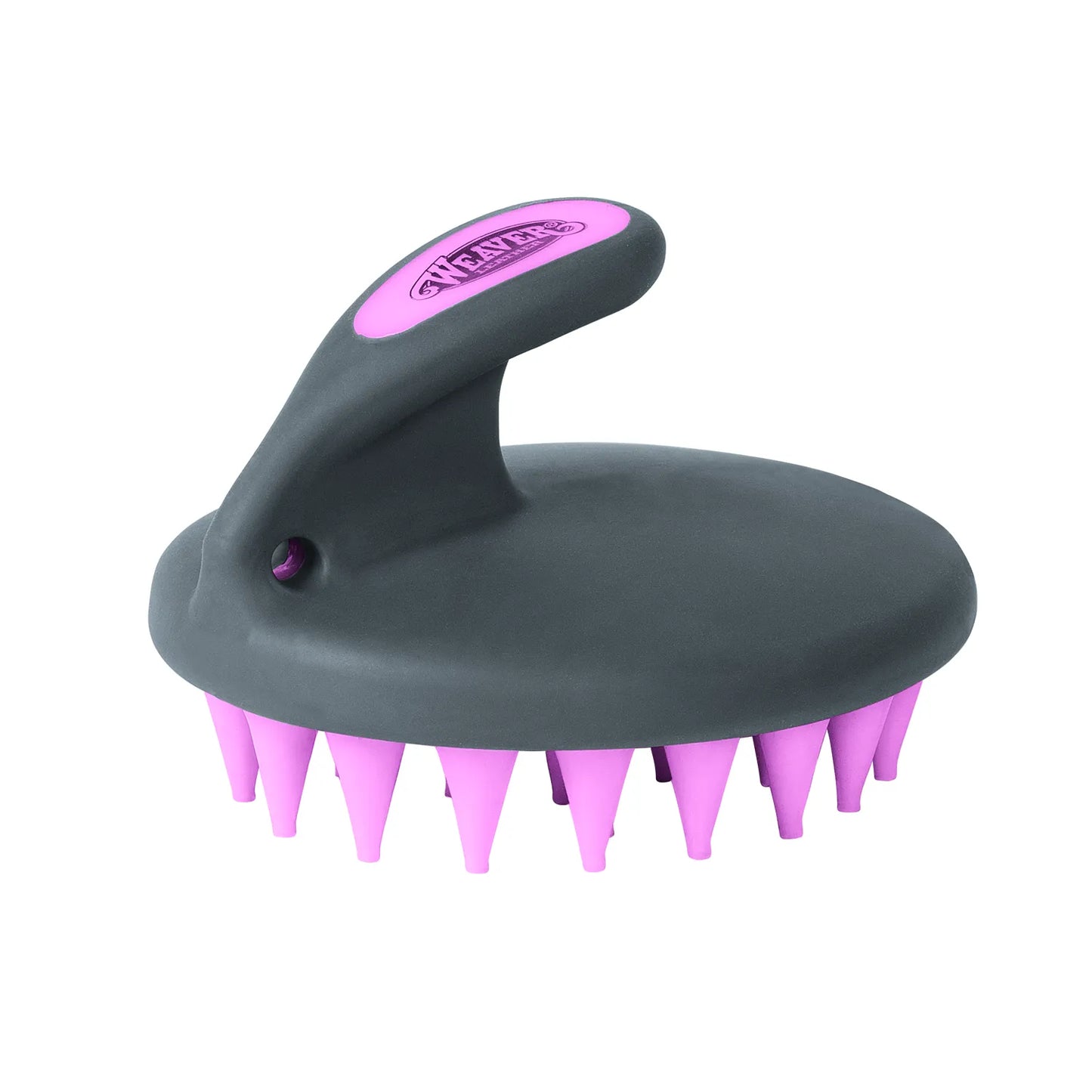 Weaver Leather Palm Curry comb for horse grooming in stylish grey and pink. This ergonomic palm-held brush features flexible pink rubber bristles for massaging, cleaning, and shedding out coats. The dark grey body includes a comfortable handle with a pink soft-grip logo insert and a hanging hole. Perfect for equine care or livestock grooming, this durable curry brush is a must-have for any equestrian tack box or grooming kit.