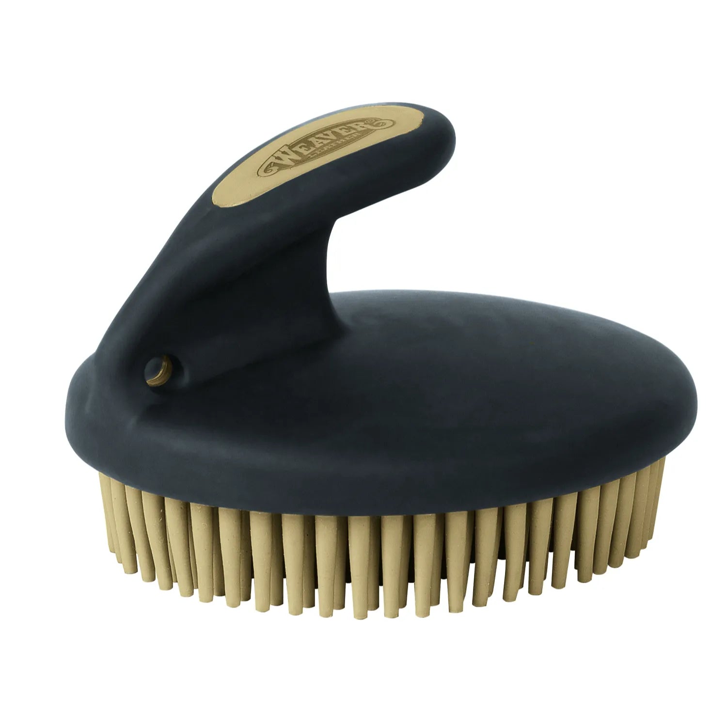 Weaver Leather Palm Curry comb in black with tan rubber bristles. This ergonomic horse grooming brush features a comfortable palm-fit handle and flexible teeth designed for effective shedding and massaging. A must-have for any equestrian grooming kit, it easily removes dirt and loose hair to promote a shiny, healthy coat. Durable and high-quality tool for daily equine care and coat maintenance.