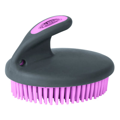 Weaver Leather Palm Curry comb for horse grooming and livestock care. This ergonomic grooming brush features a comfortable charcoal black handle with a bright pink Weaver logo insert and thick pink rubber bristles designed for massaging skin and removing shedding hair. Ideal for cleaning mud and dirt from horse coats, this durable, easy-to-grip palm curry brush is a must-have for any equestrian's grooming kit.
