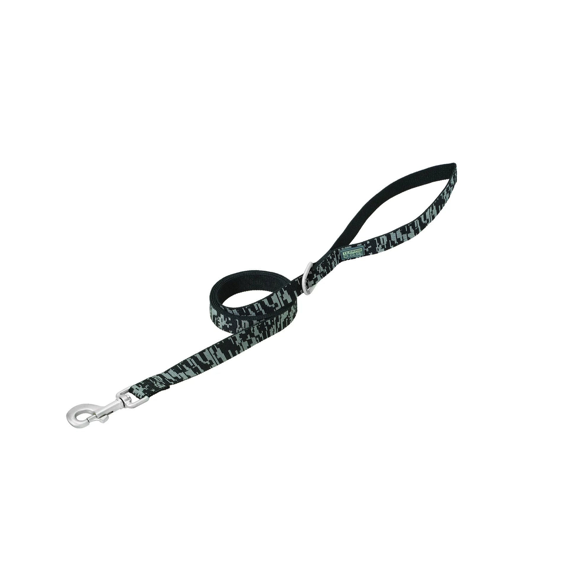 Durable Weaver Leather Terrain Dog Leash featuring a stylish black and grey digital camouflage pattern. This high-quality pet accessory includes a heavy-duty silver swivel snap hook for secure collar attachment and a convenient D-ring near the loop handle for keys or poop bag dispensers. Perfect for pet owners seeking fashionable and reliable dog walking gear for daily adventures and outdoor training.