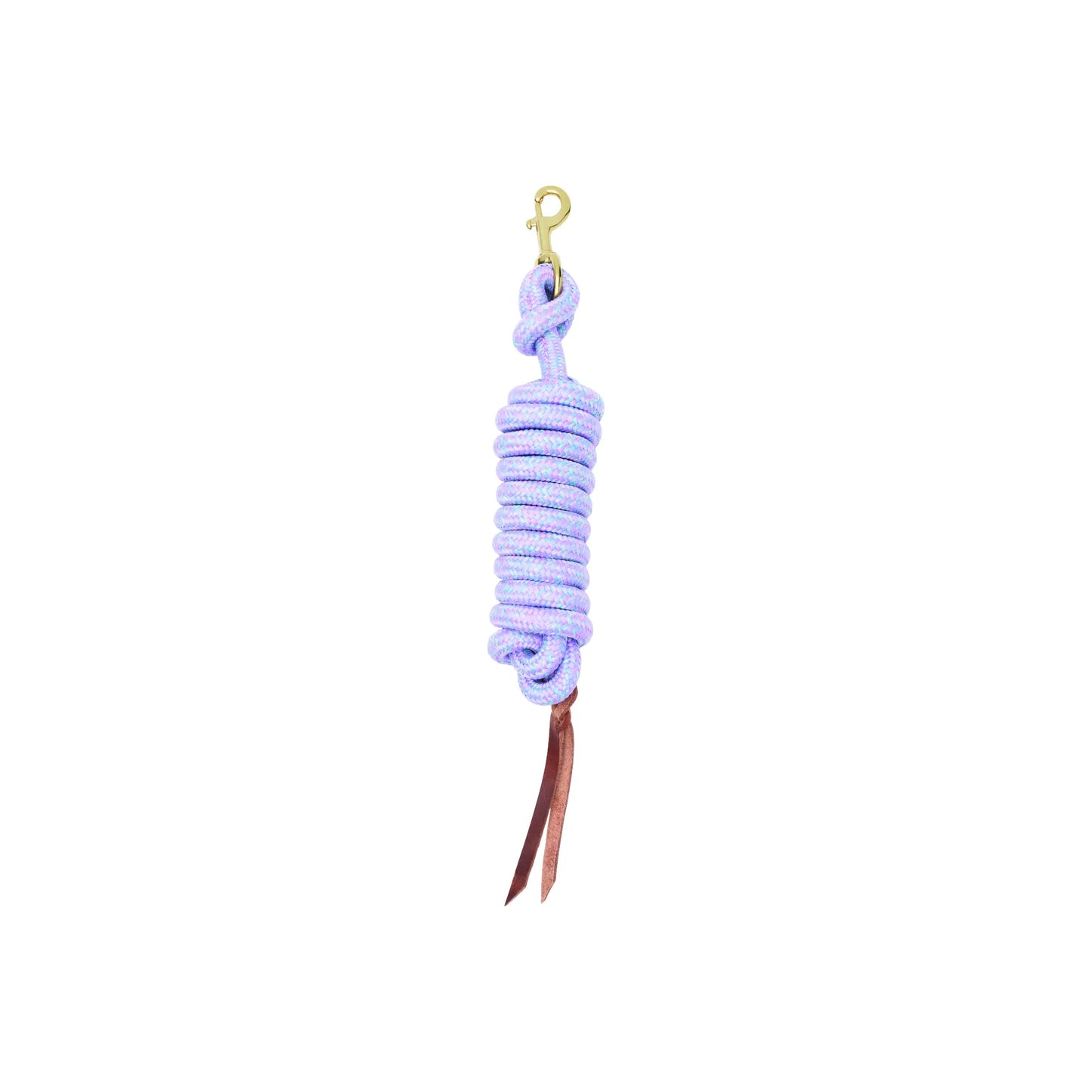 Durable Weaver Leather 10-foot Poly Cowboy Lead with a tri-color braid of light purple, light blue, and light green. This equestrian lead rope features a sturdy brass-plated snap and a classic brown leather popper. Perfect for horse grooming, leading, and training, adding a stylish pastel touch to your horse tack collection.