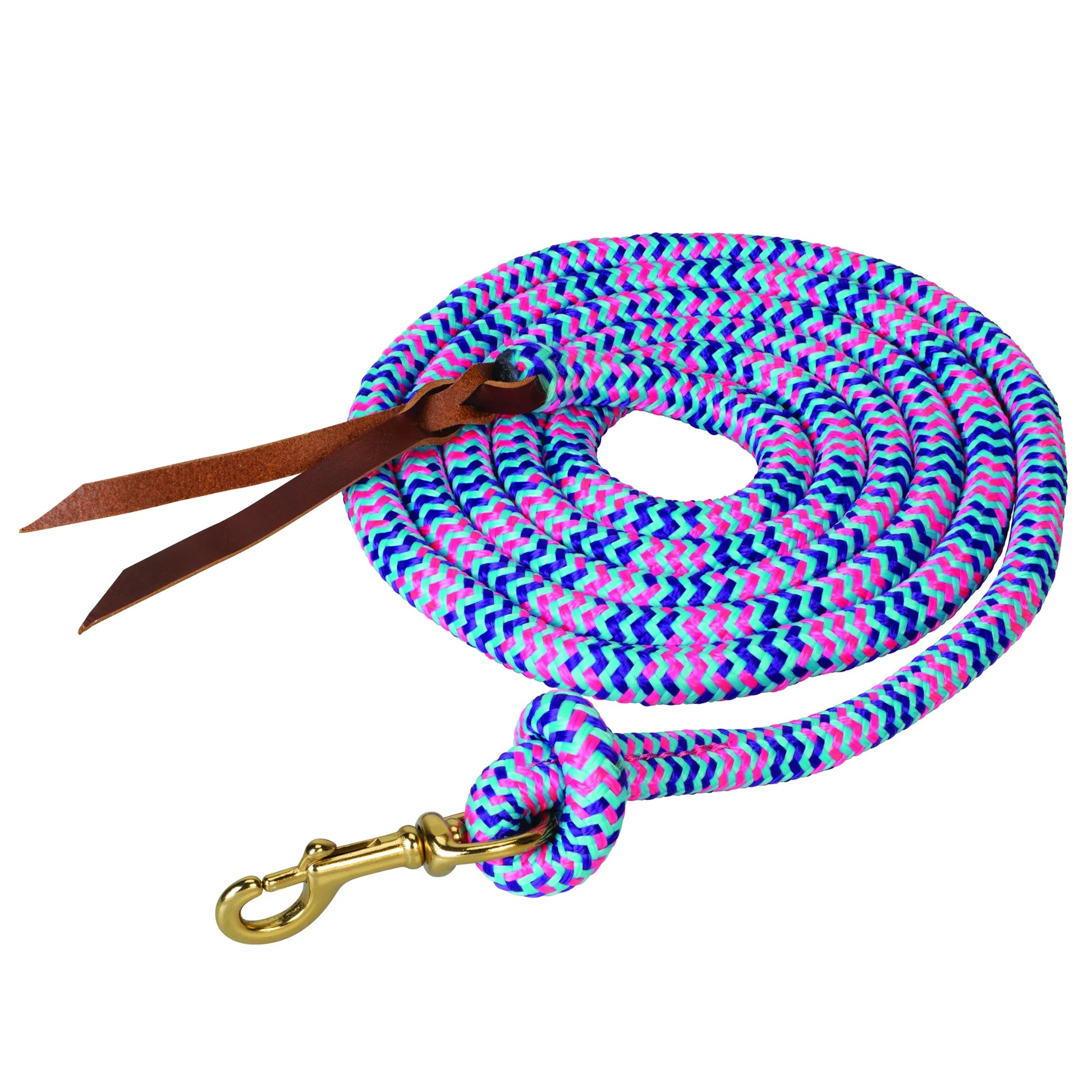 Weaver Leather Poly Cowboy Lead with Snap, 5/8" x 10', featuring a vibrant Turquoise, Purple, and Diva Pink braided chevron pattern. This durable western horse lead rope includes a solid brass bolt snap secured with a knot and a classic brown leather popper at the tail. High-quality equestrian gear perfect for horse training, shows, and daily barn use, offering a stylish and functional look for your horse tackle collection.